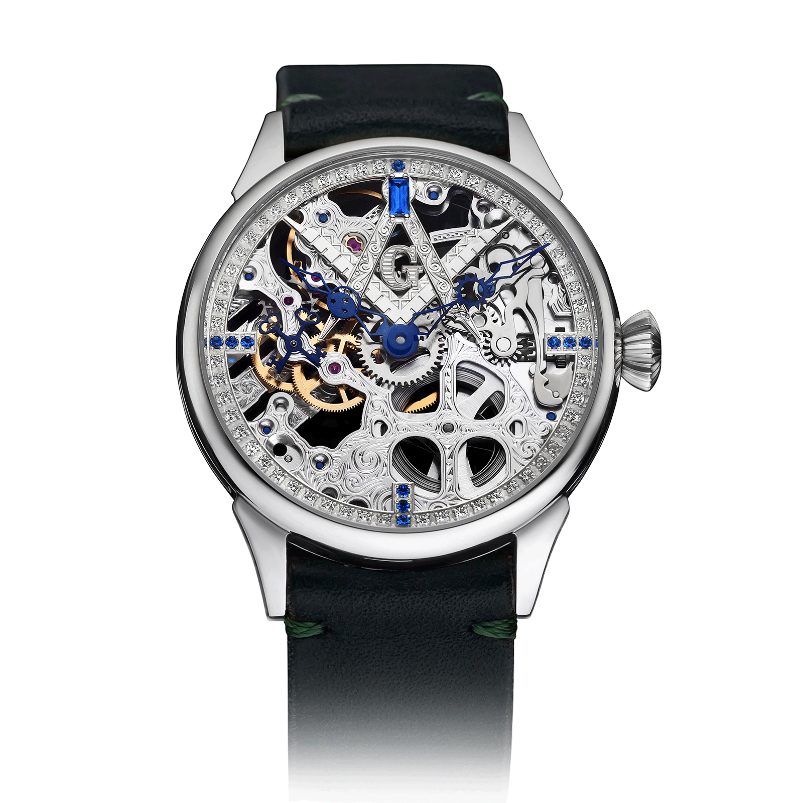 Masonic watch with Green Leather Strap – Skeleton Watch #color_green