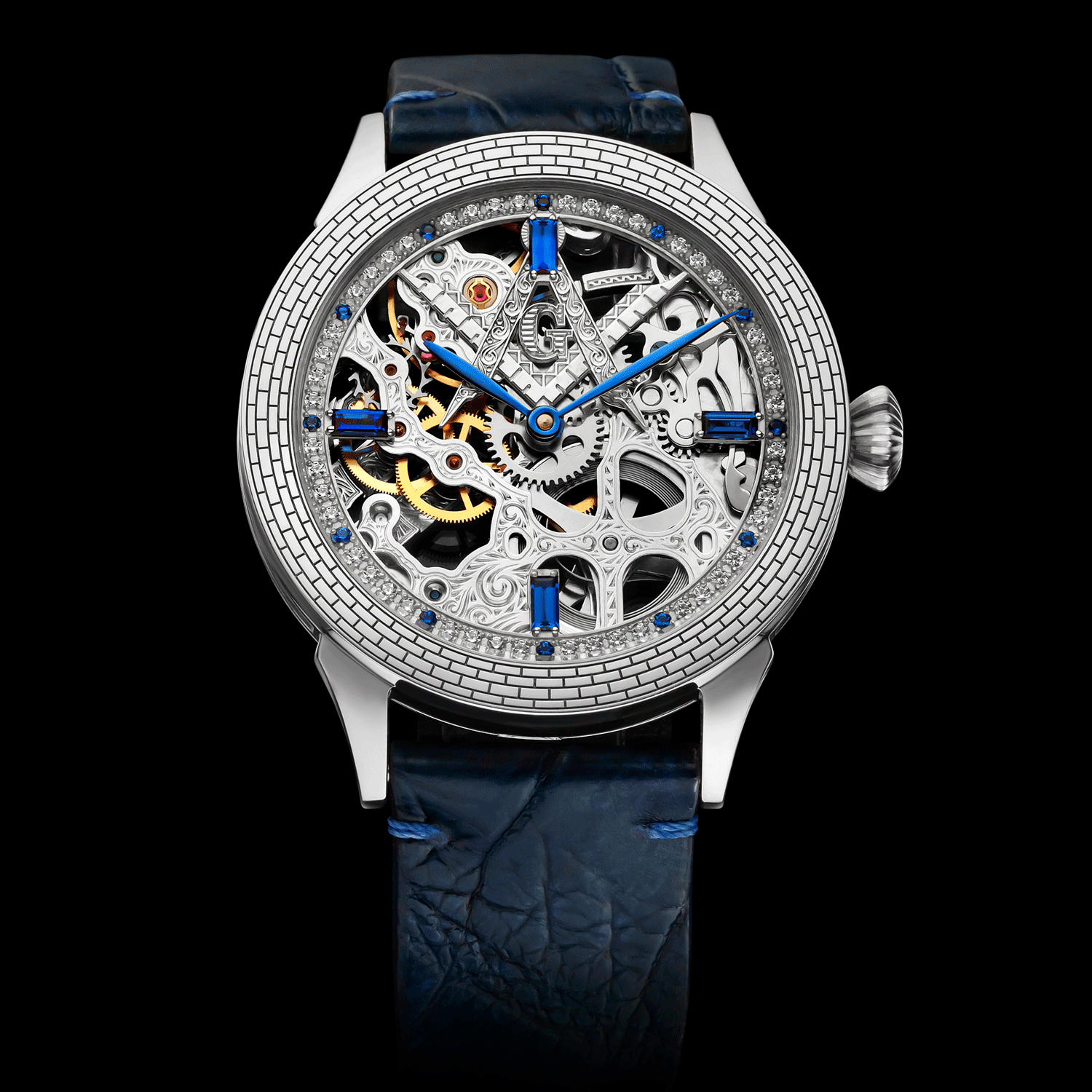 Skeleton watch with intricate design and blue strap on black background