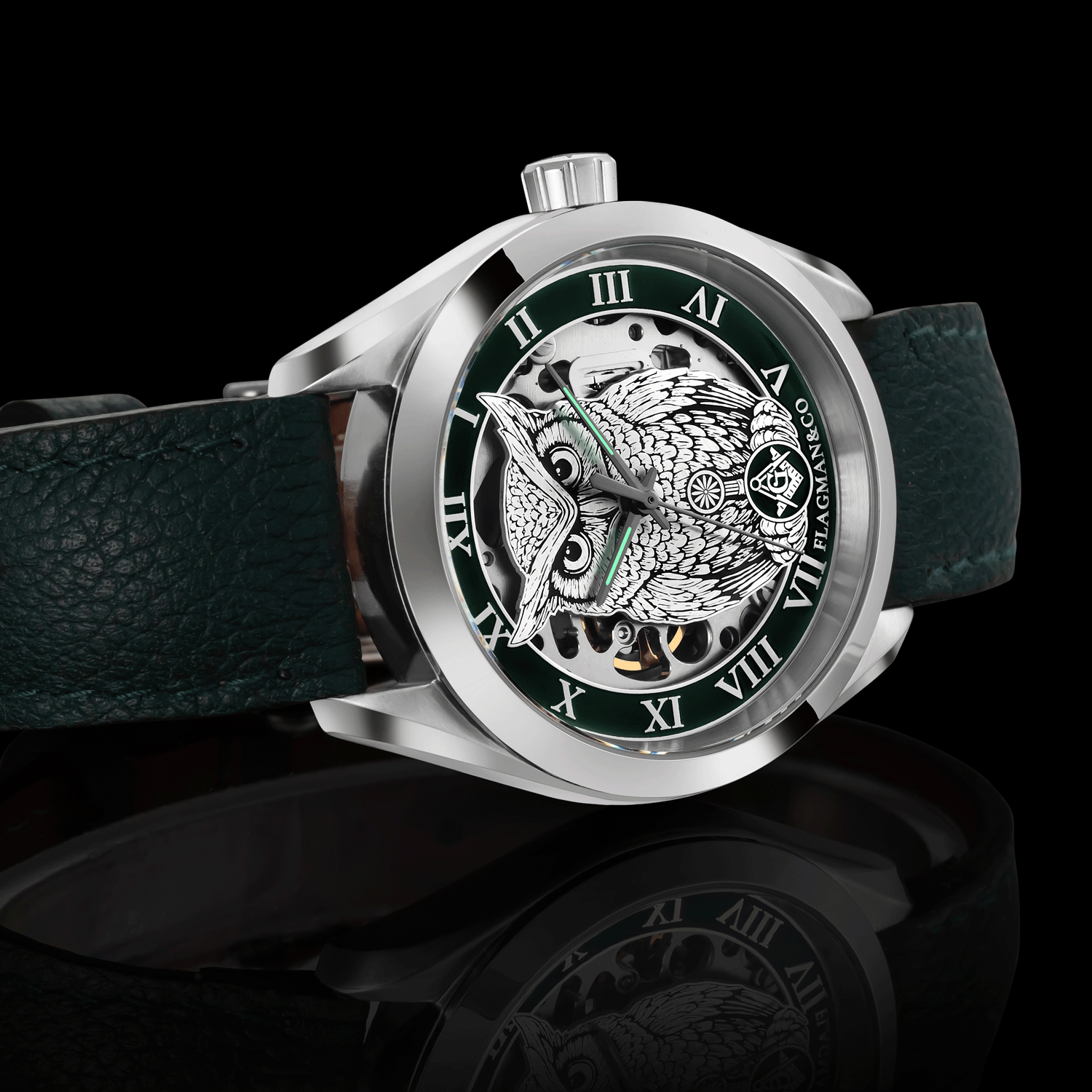 Masonic Watch with green leather strap and detailed owl design on the dial against a black background