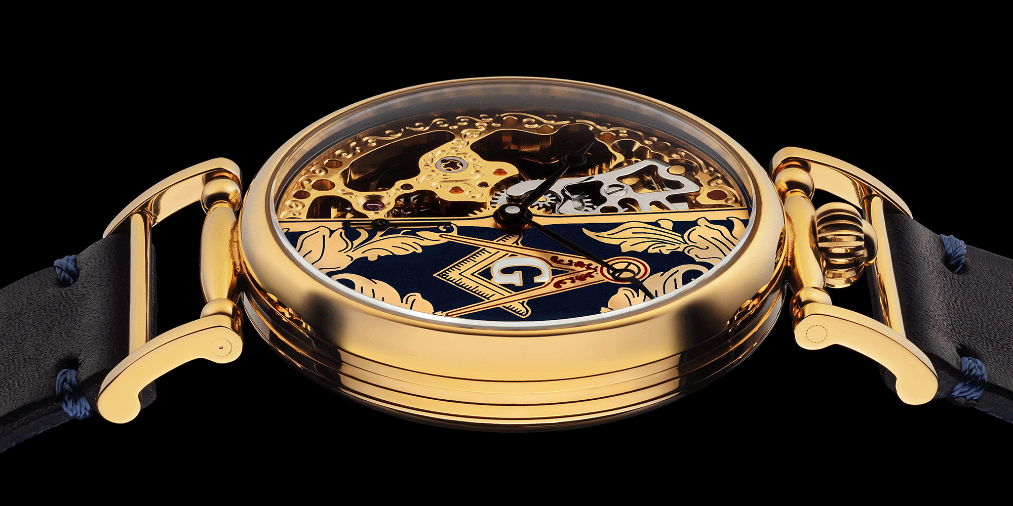 Close-up of skeleton mechanical watch crown