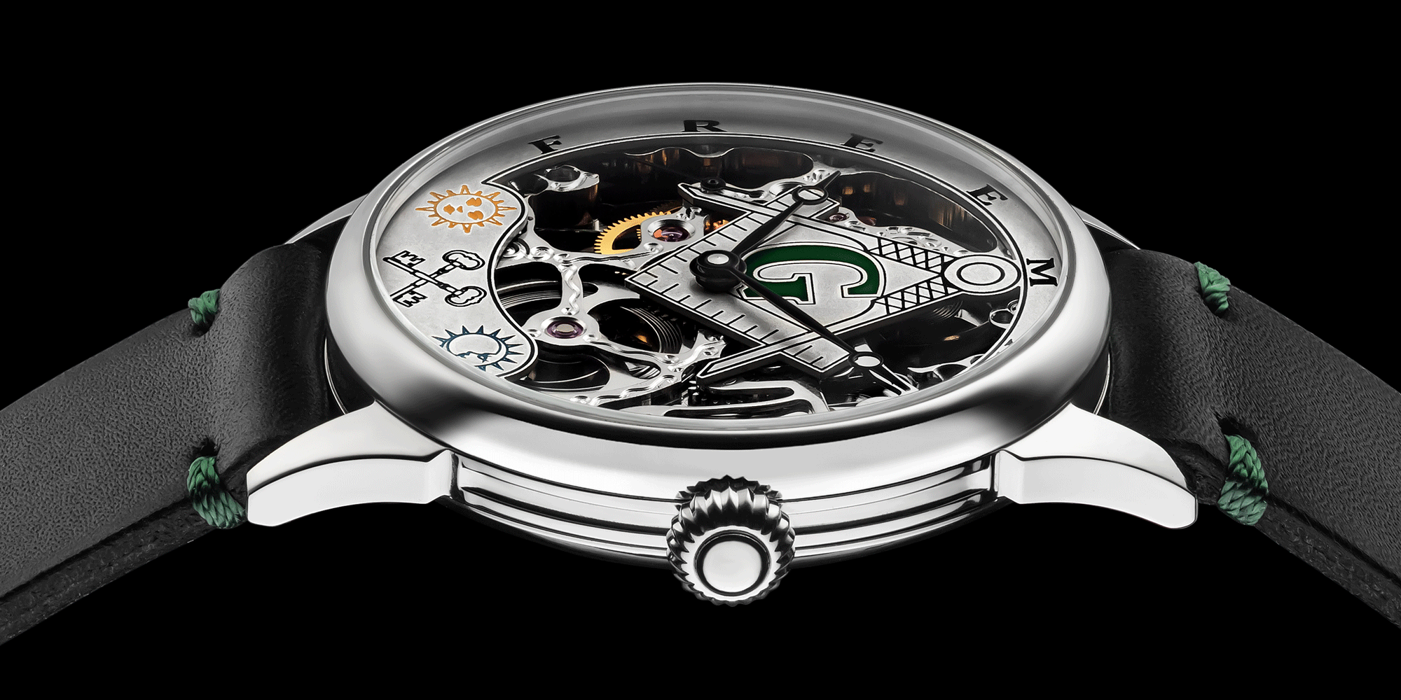 Close-up of a Skeleton mechanical watch with intricate details on a black background