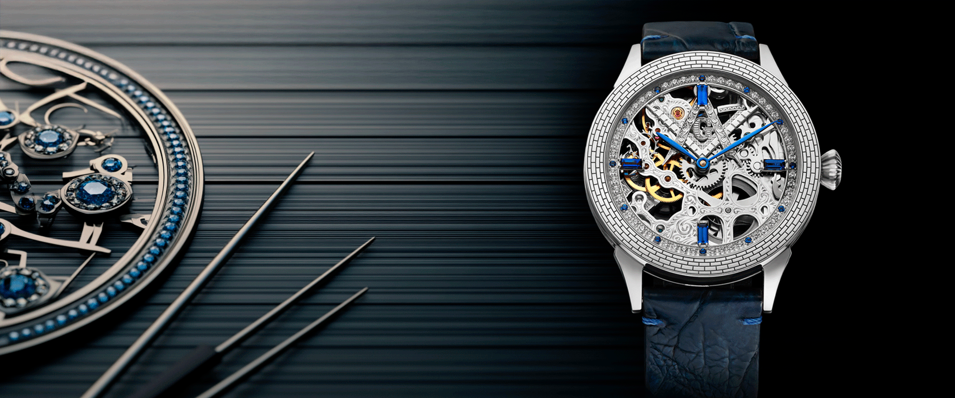 Close-up of a skeleton Masonic watch from the Freemason collection, featuring detailed inlay and centered composition