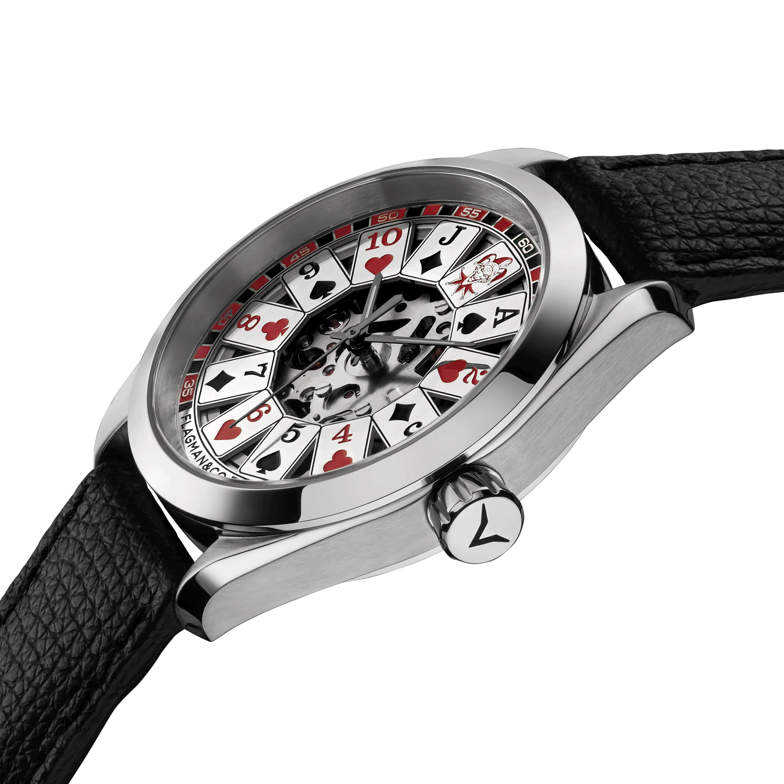 Close-up view of handmade watch Gambler with side crown and detailed case finish