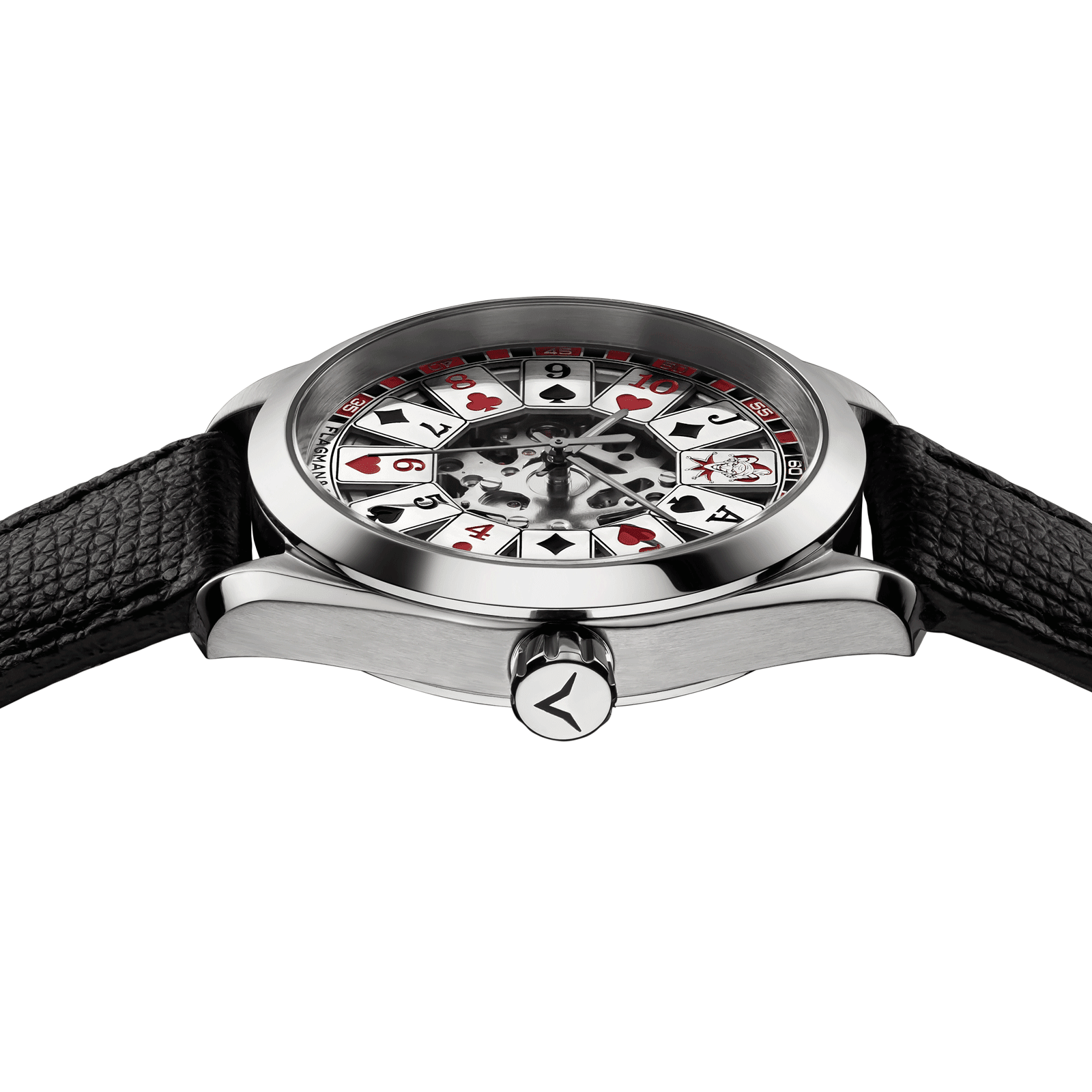 Close-up view of handmade watch with crown and detailed case finish