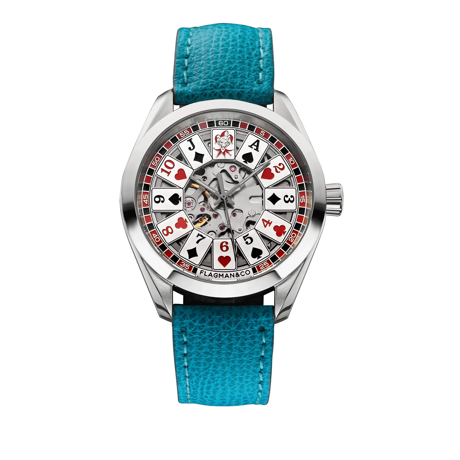 Gambler - Card table watch with skeleton design featuring Tiffany color Leather strap #color_lagune