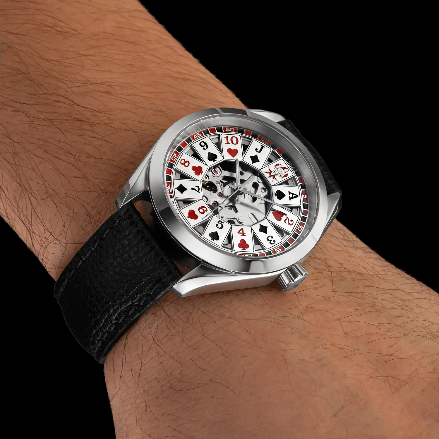 Close-up view of Gambler - casino-themed roulette watch crown, worn on wrist