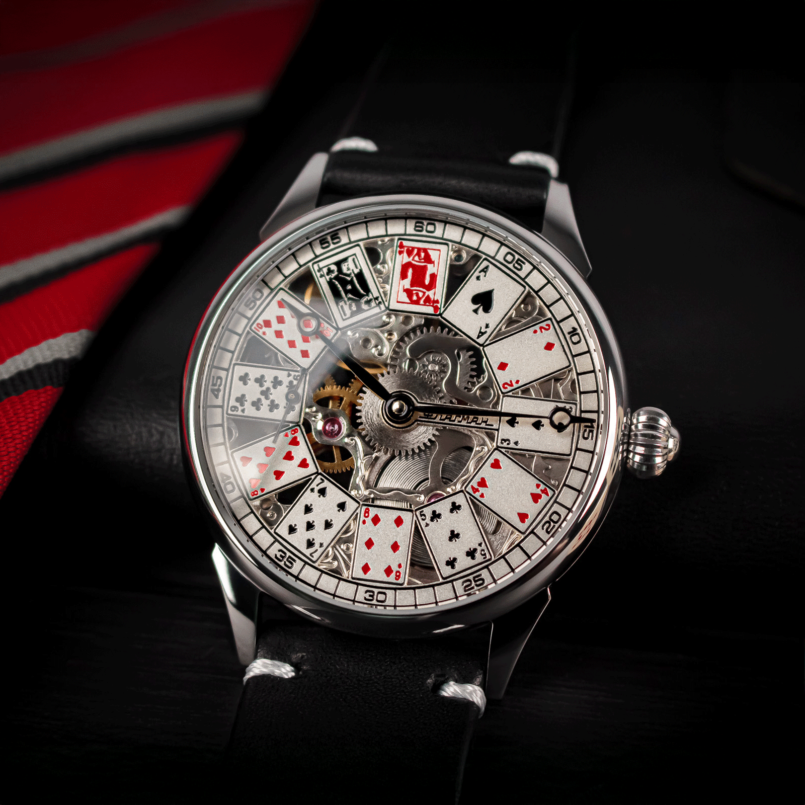 Front view of gambling-themed roulette skeleton watch – men’s handmade mechanical design