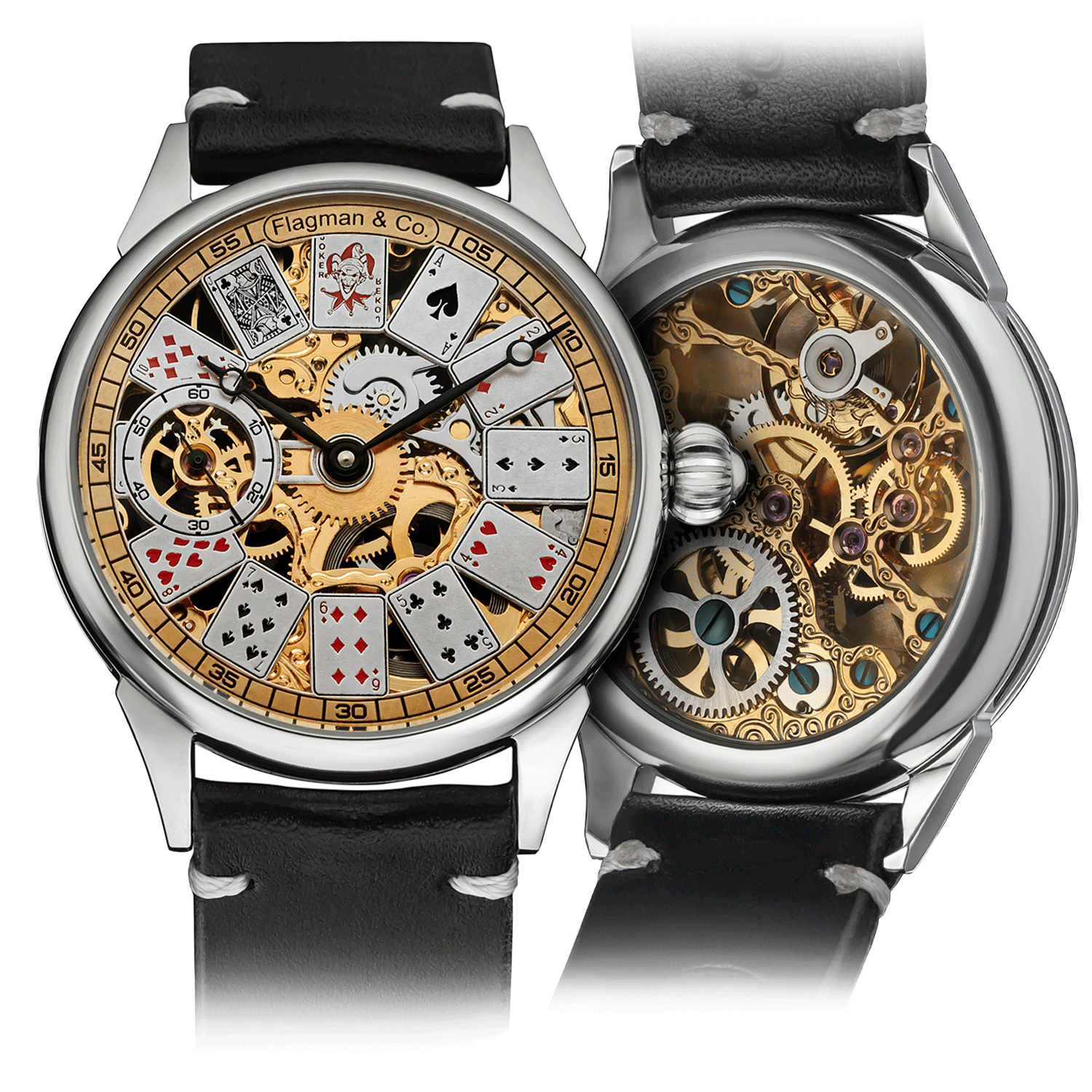 Front and back view of a skeleton watch from the Gambling collection, with a poker-inspired dial and visible mechanics