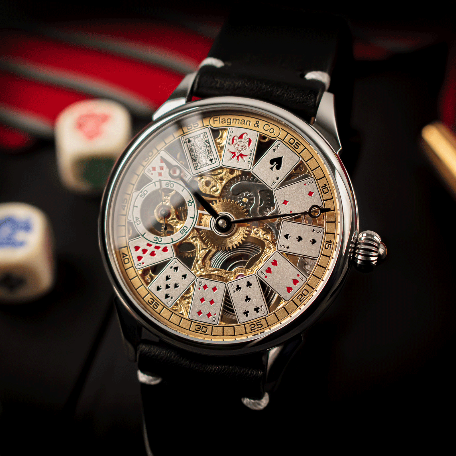 Front view of gambling-themed skeleton watch – men’s handmade mechanical design