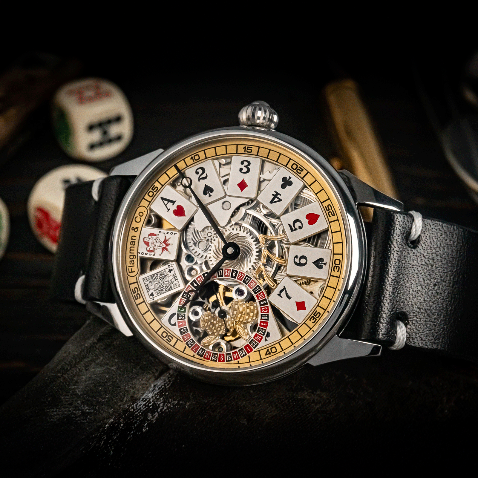 Lifestyle photo of poker watch in casino-inspired setting – skeleton watch