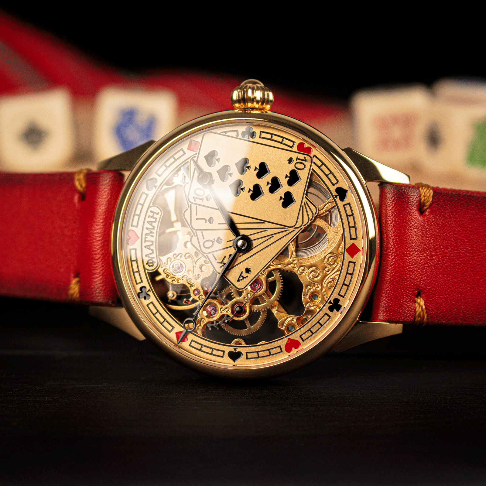 Front view of gambling-themed casino watch – mechanical watch