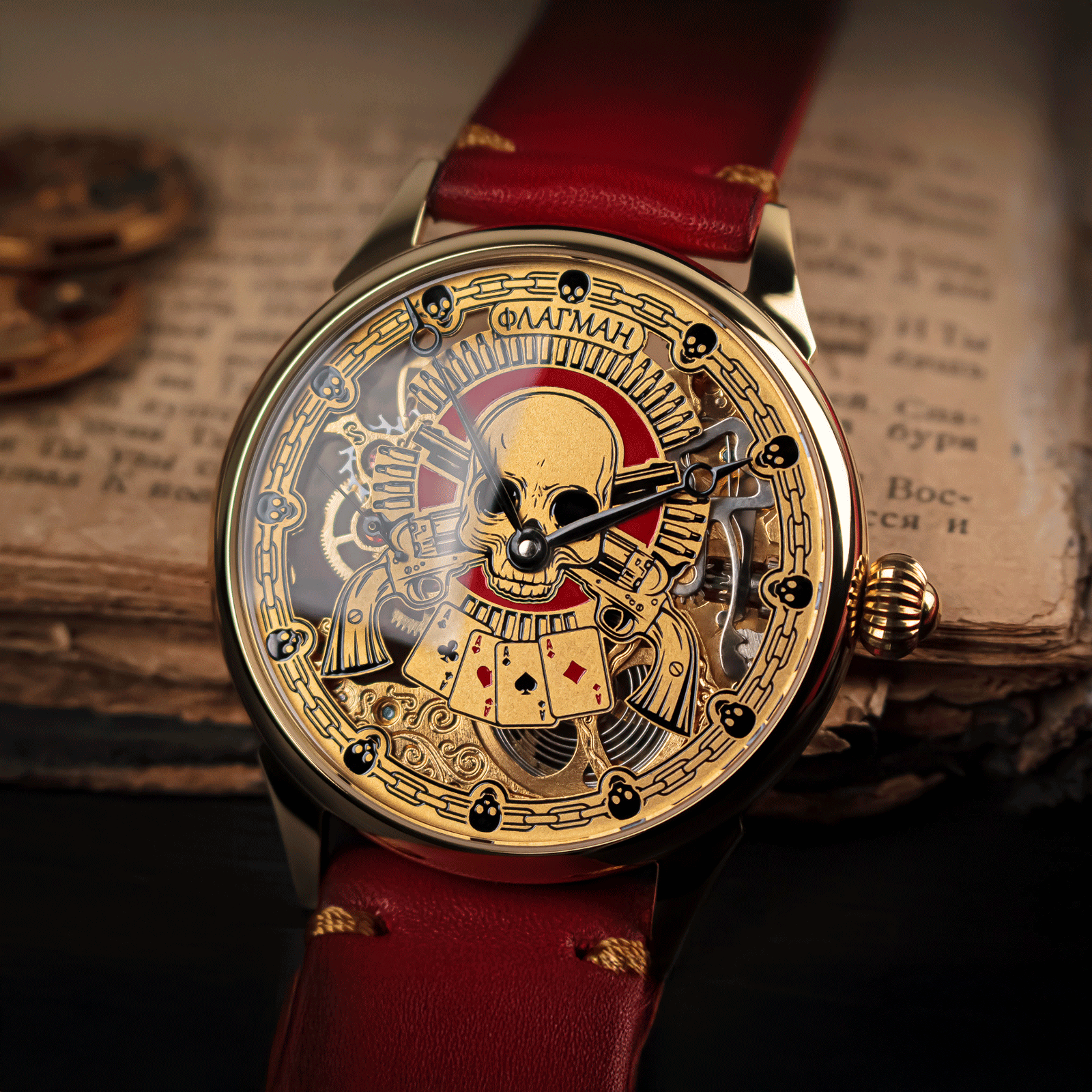 Front view of gambling-themed skeleton watch – handmade watch