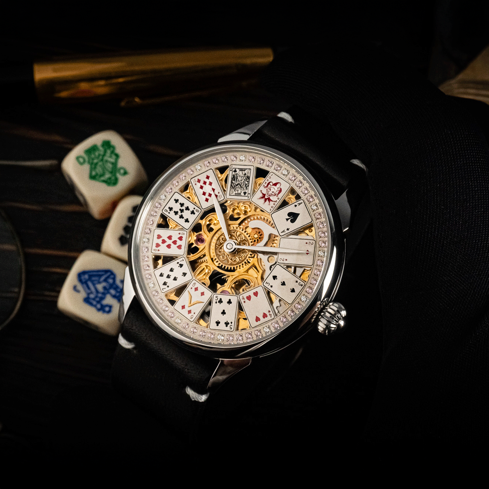 Front view of gambling-themed casino watch – handmade mechanical design