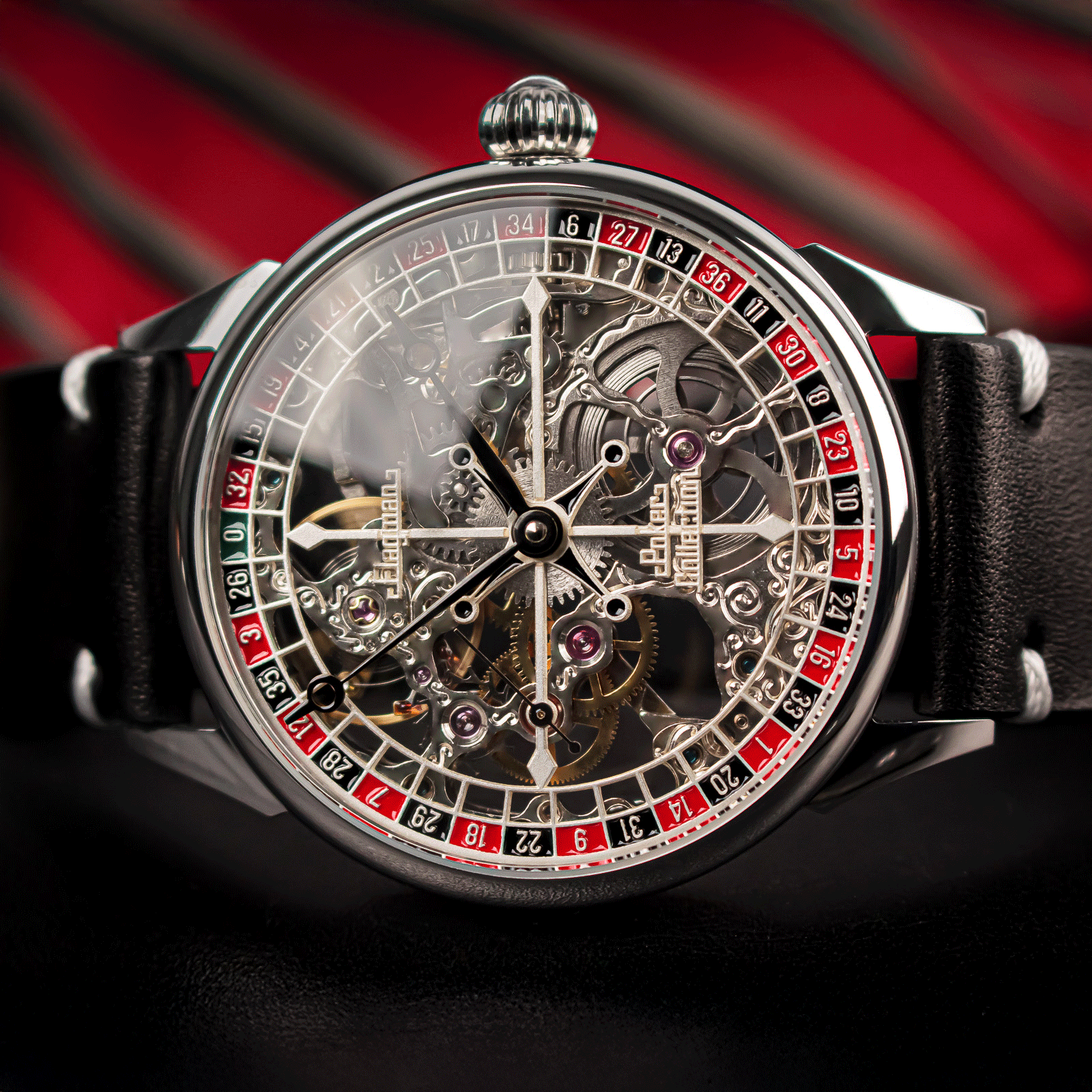 Front view of gambling-themed skeleton watch – handmade mechanical watch