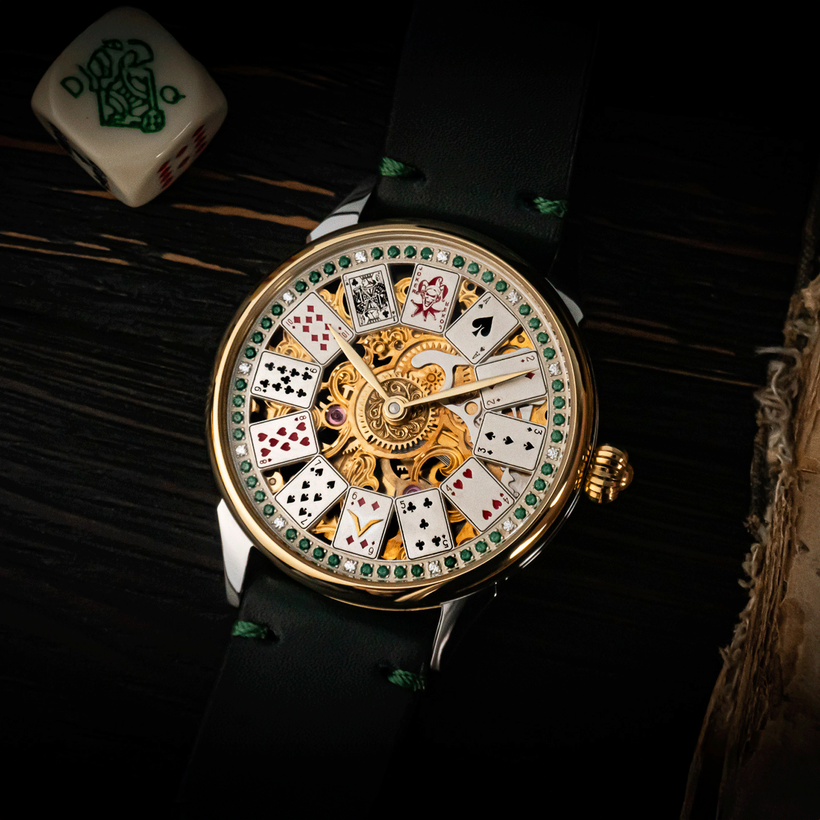 Front view of gambling-themed casino watch – mechanical watch