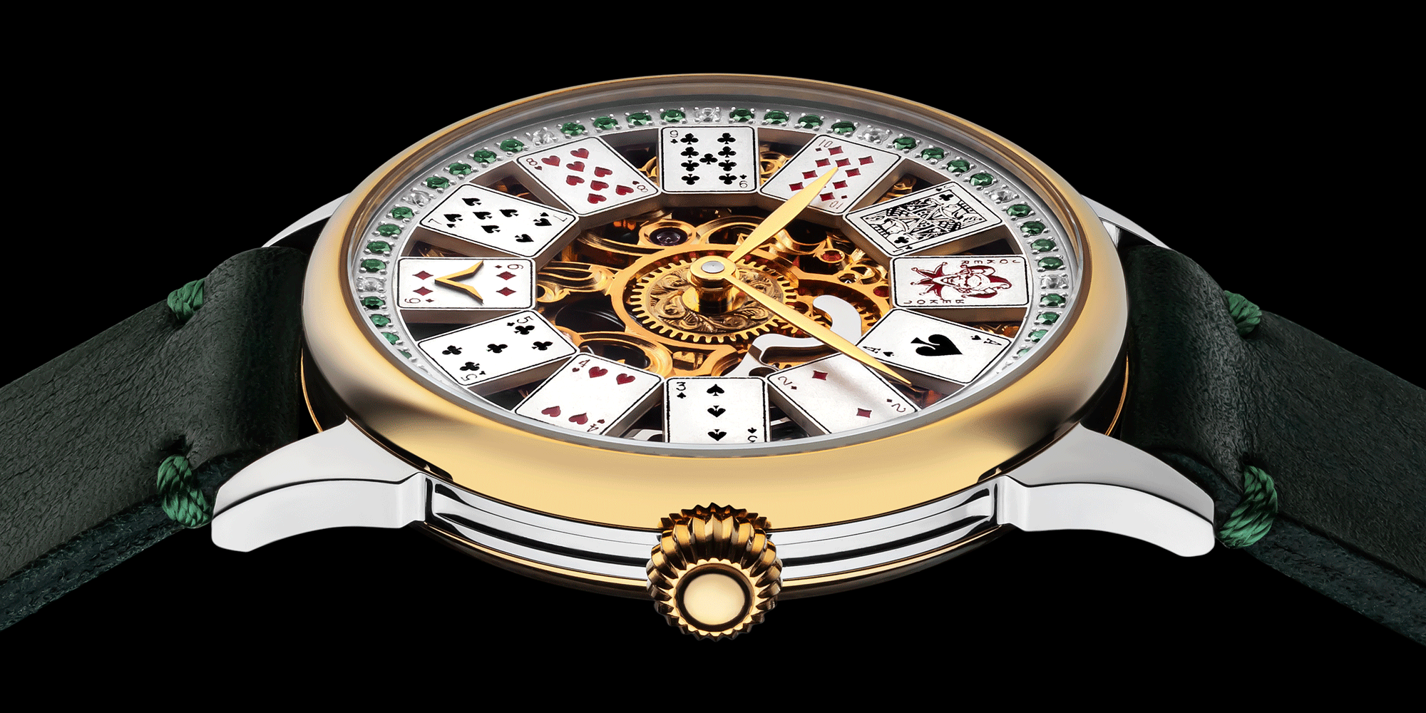 Close-up of poker-themed skeleton mechanical watch crown