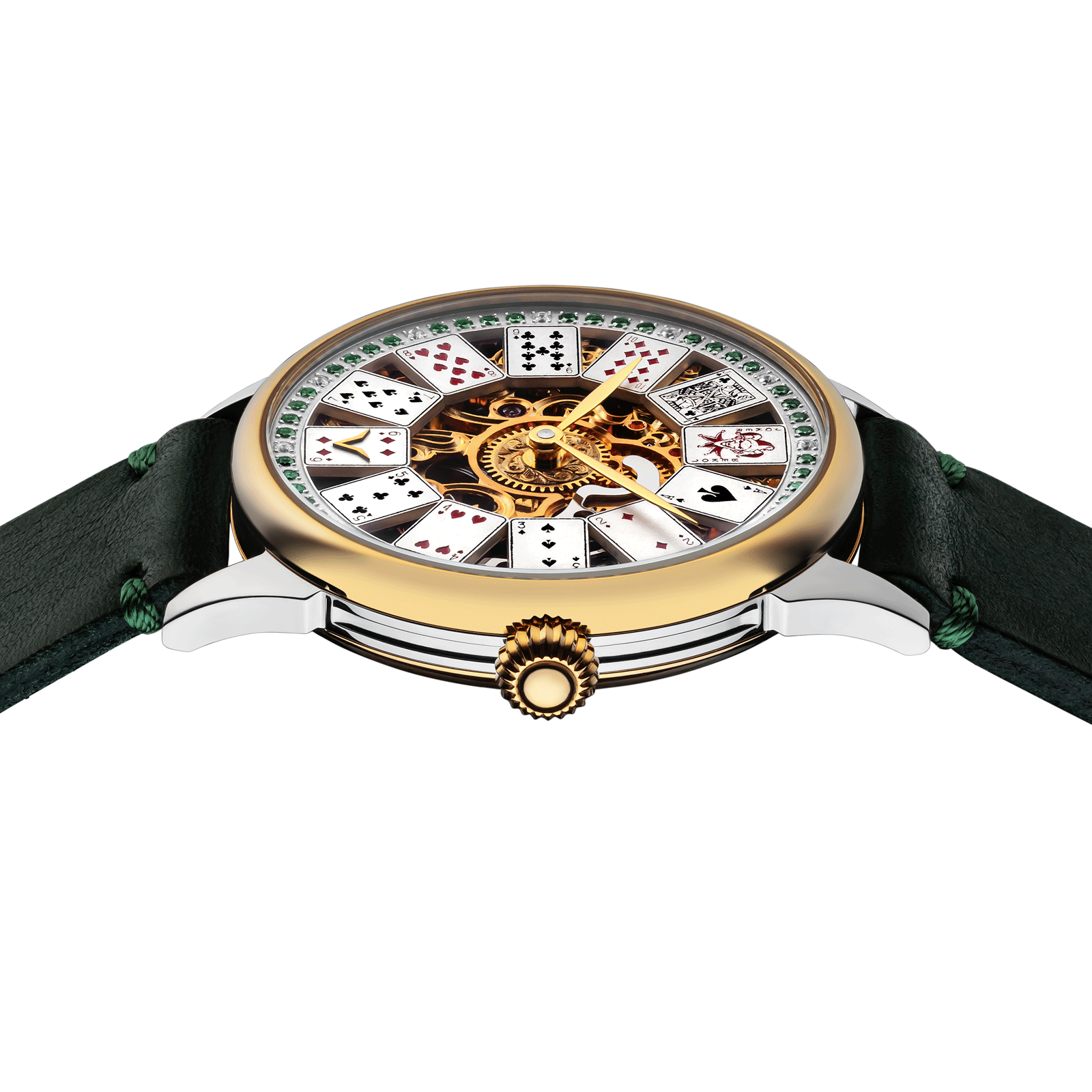 Close-up of Luxury poker watch with side crown and detailed case finish