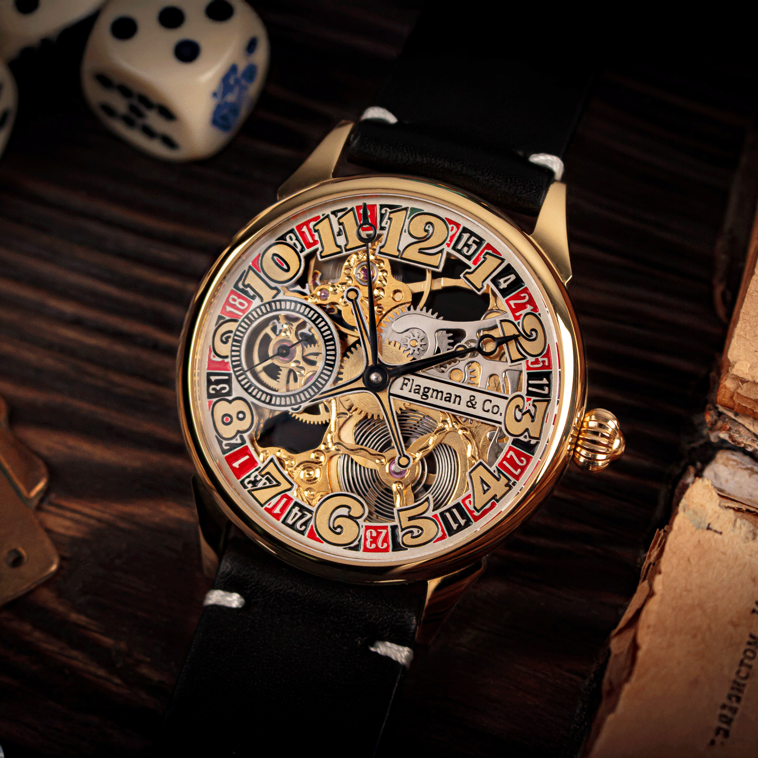Front view of gambling-themed casino watch – handmade mechanical watch