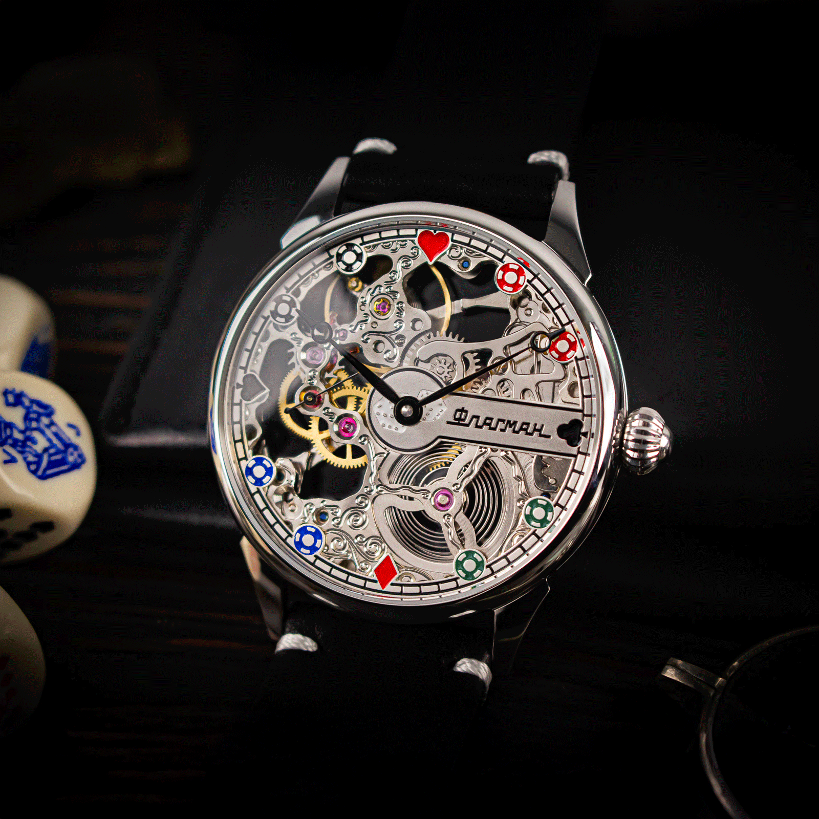 Front view of gambling-themed skeleton watch – men’s handmade watch