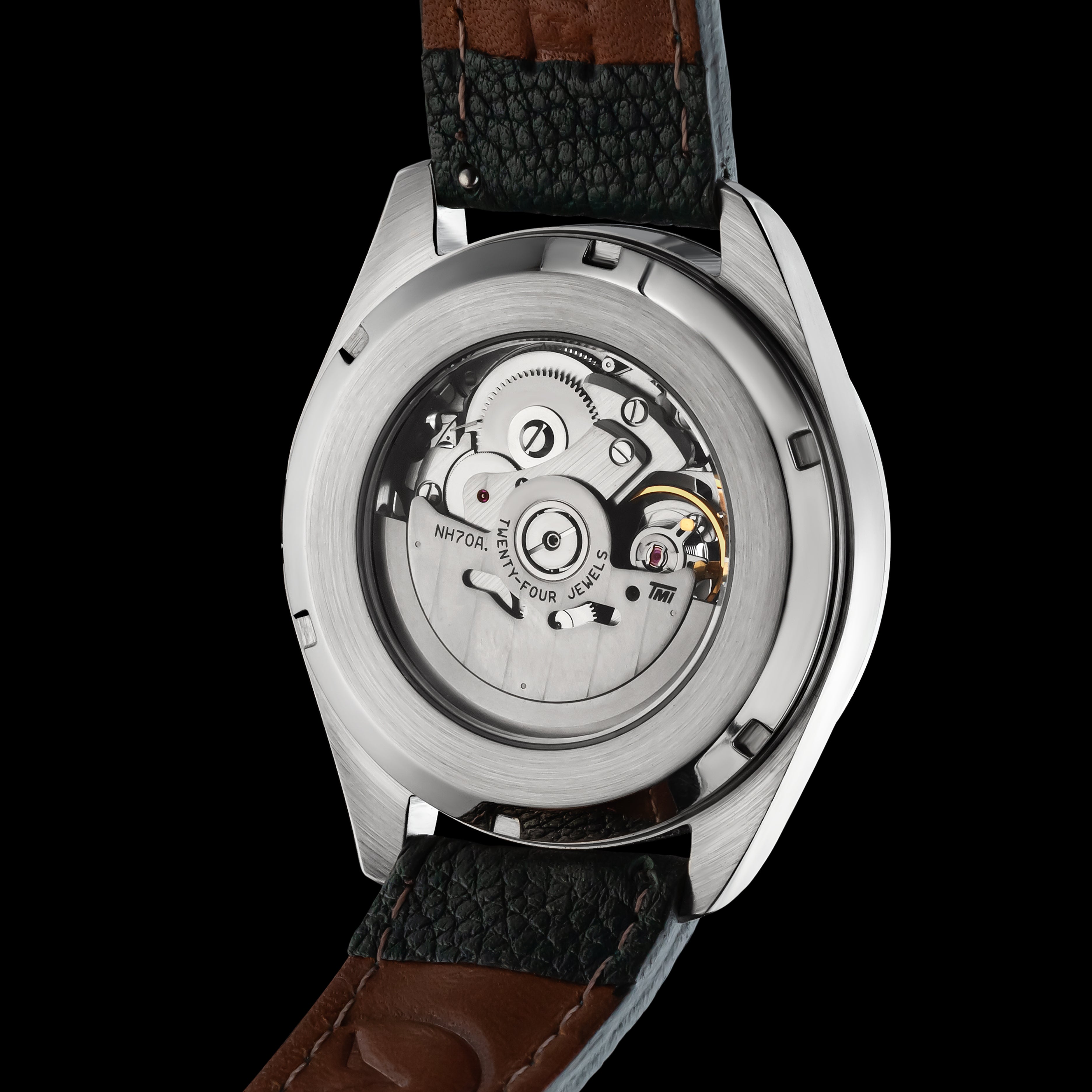 Rear view of freemason watch Green Owl - showing open caseback and movement inside
