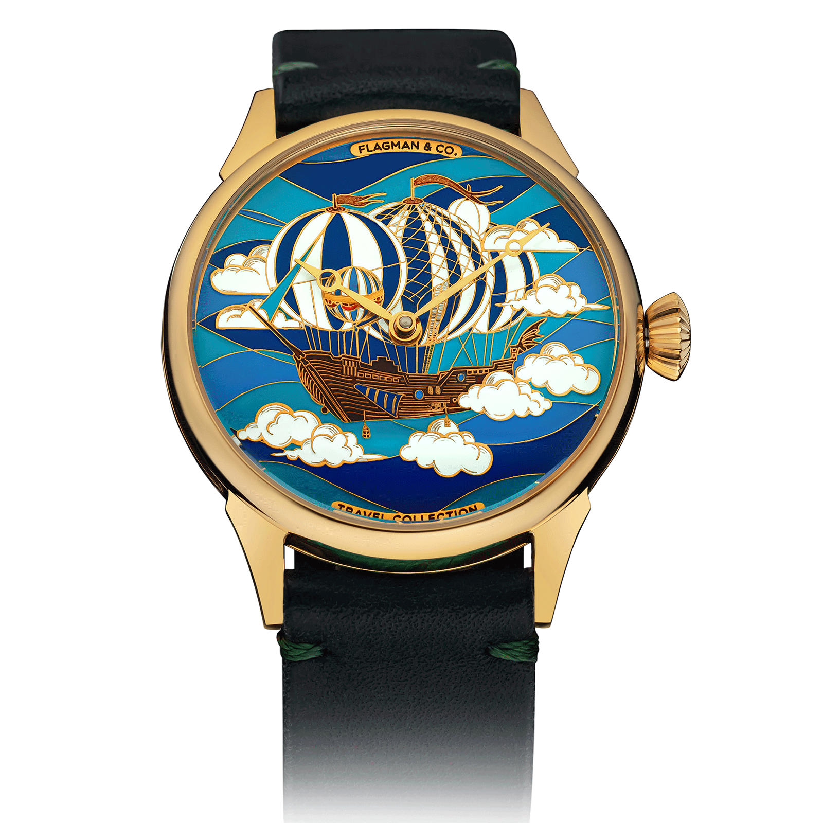 Luxury watch with artistic design of a hot air balloon and clouds on a blue background #color_green