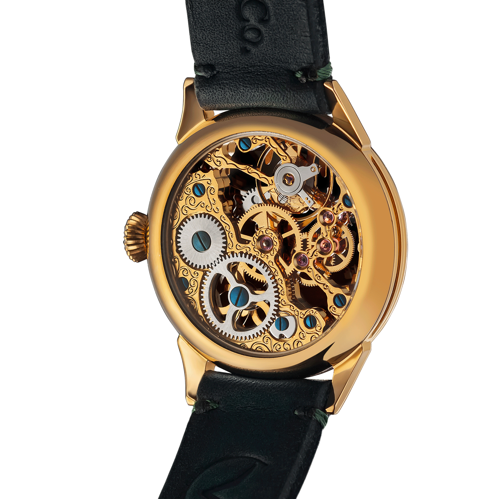 Back view of Masterpiece watch – exposed movement - Arabic Emerald