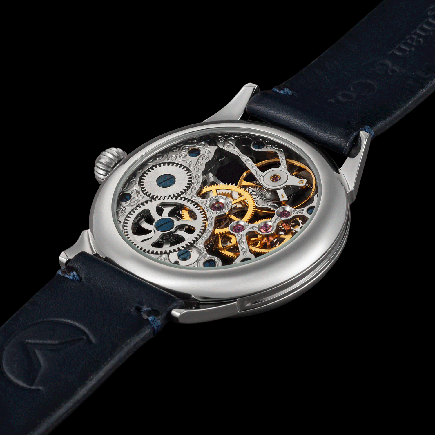 Rear view of skeleton watch showing open caseback and movement