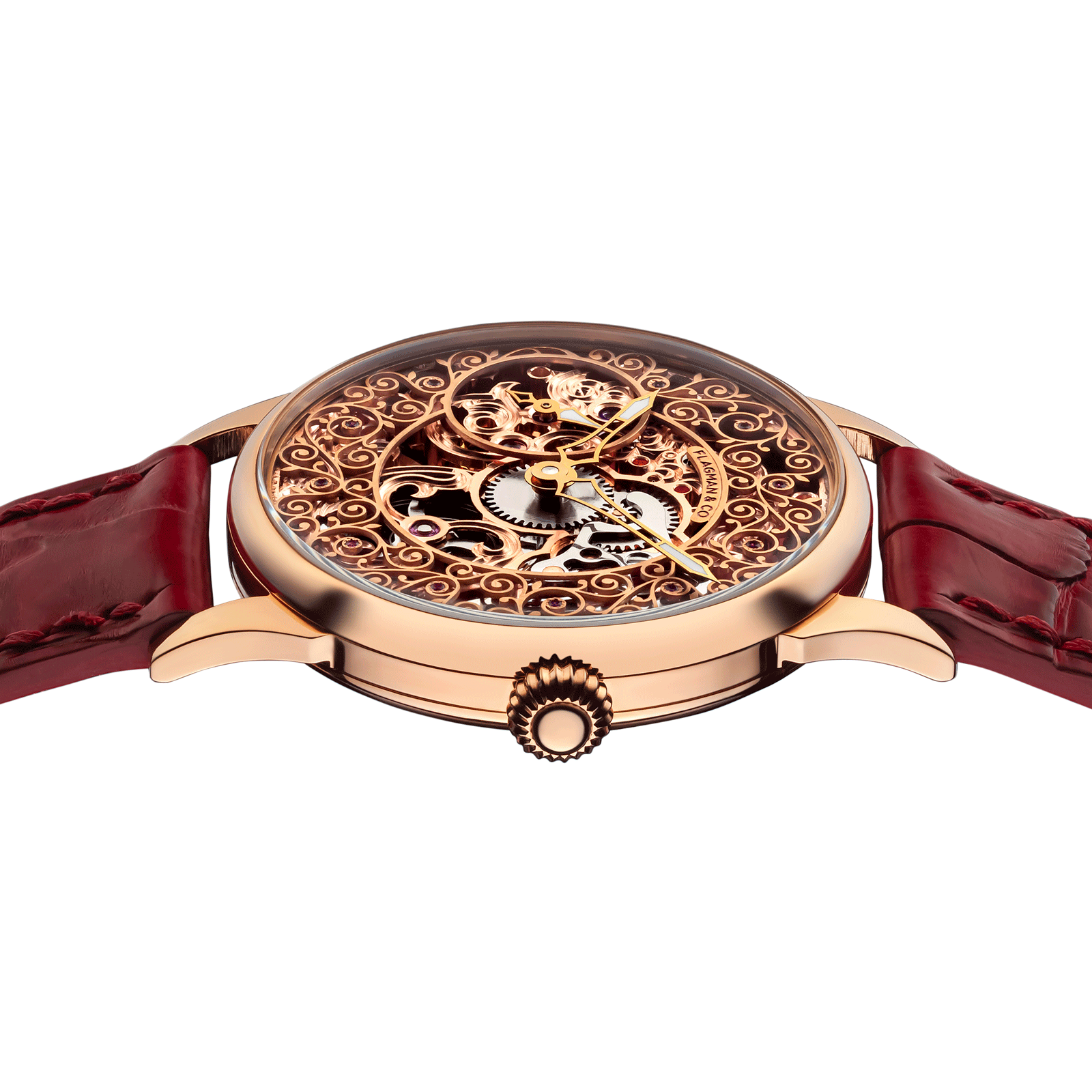 Close-up of Unisex skeleton watch with side crown and detailed case finish - Lace