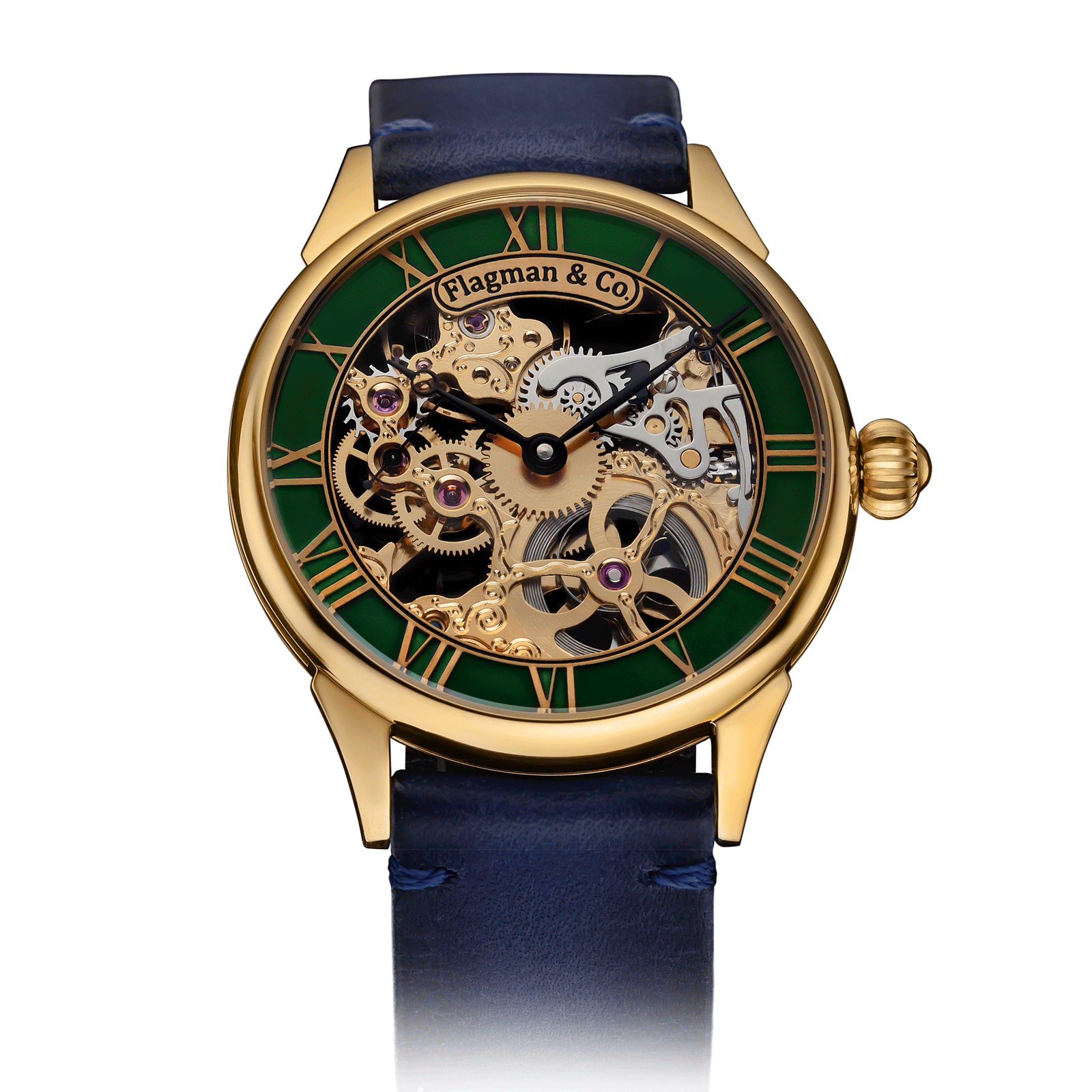 Blue Leather Strap on Skeleton Watch #color_blue