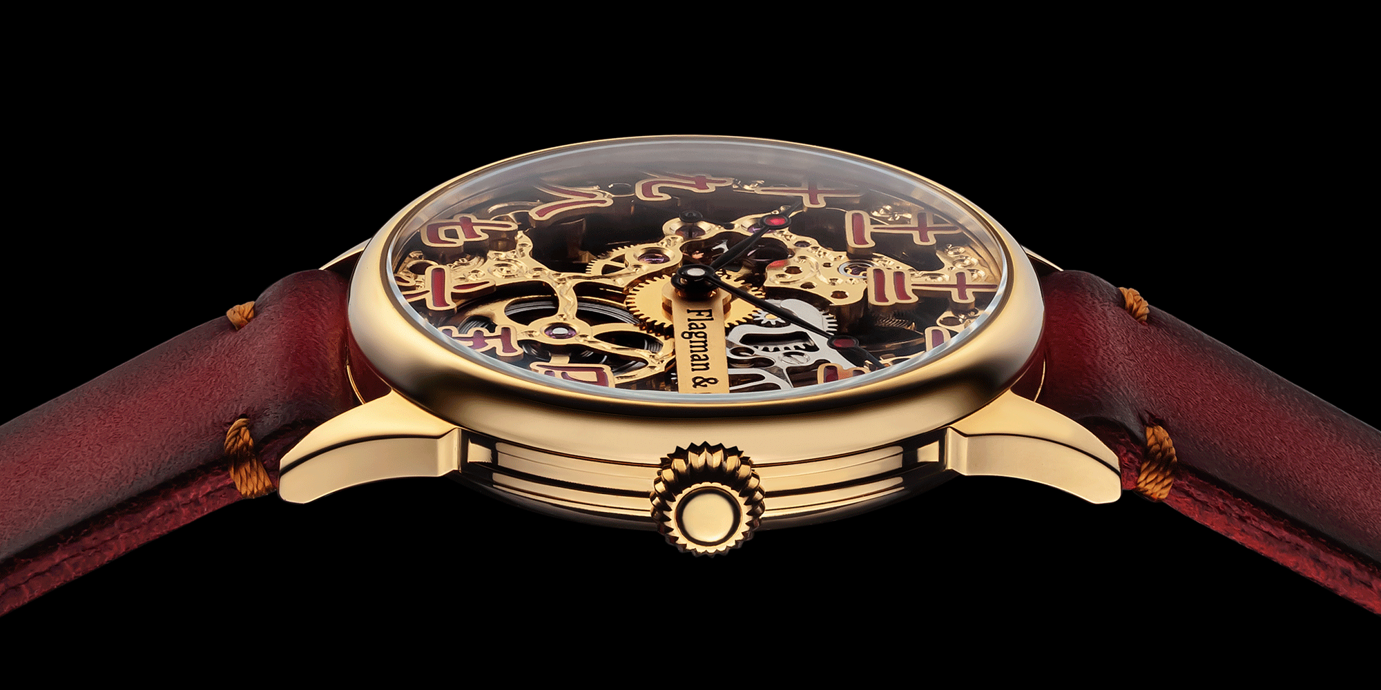 Close-up of mens skeleton mechanical watch crown - Chinese Ruby