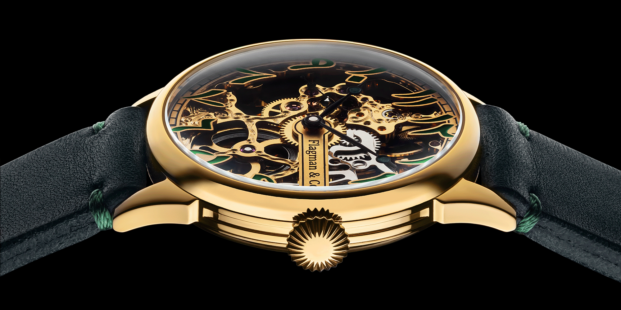 Close-up of mens skeleton mechanical watch crown - Arabic Emerald