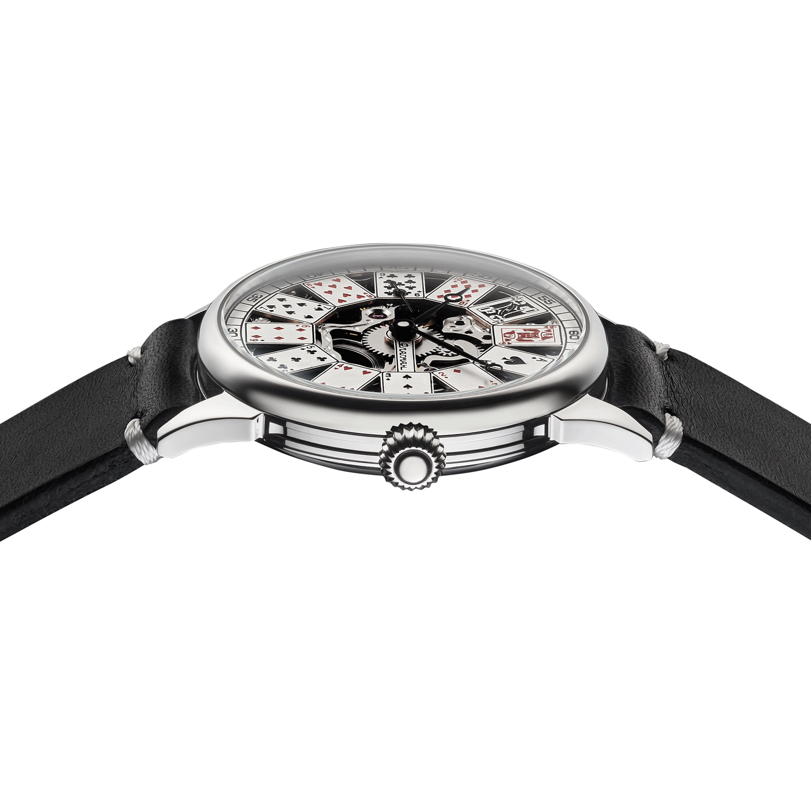 Close-up of handmade skeleton watch with side crown and detailed case finish