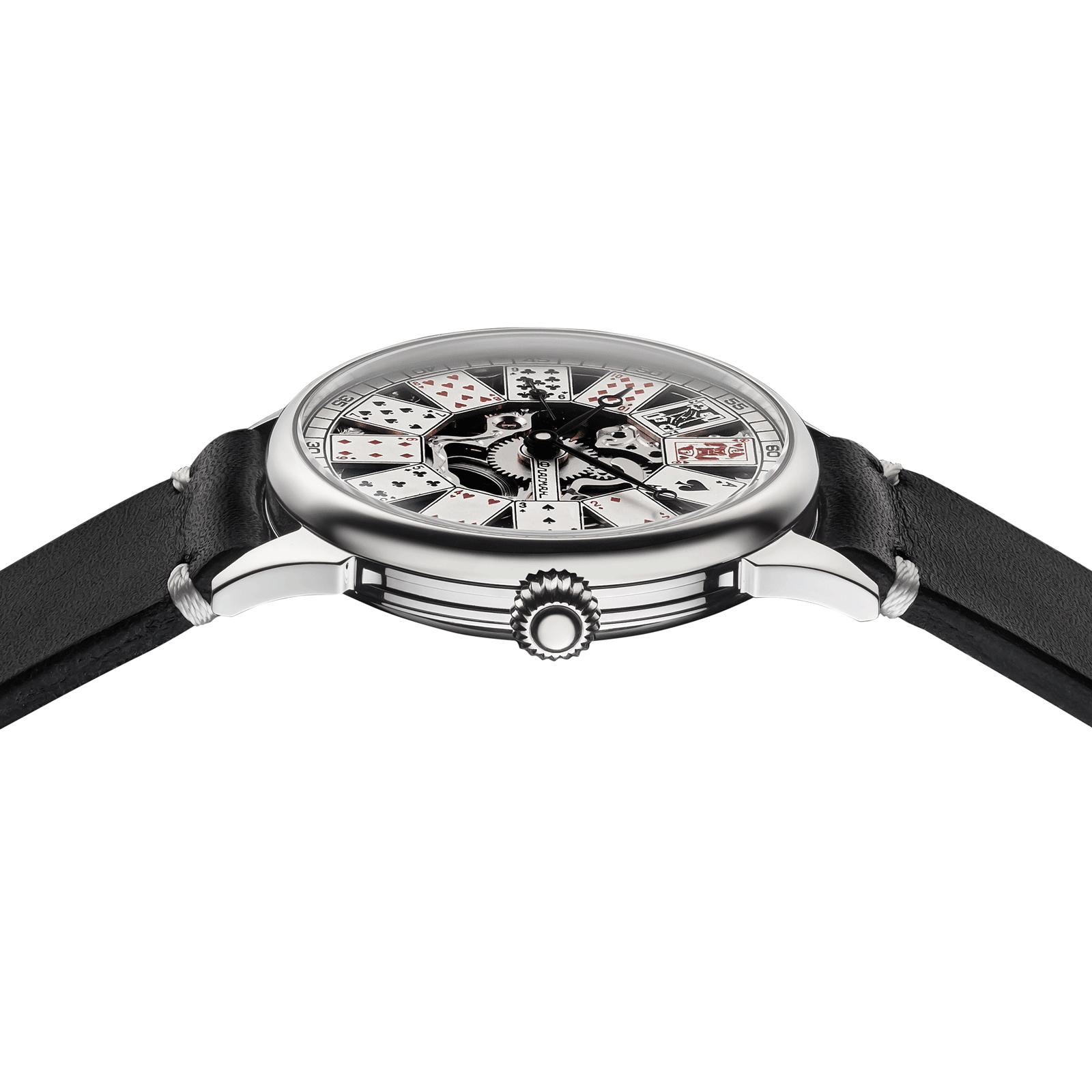 Close-up of handmade skeleton watch with side crown and detailed case finish