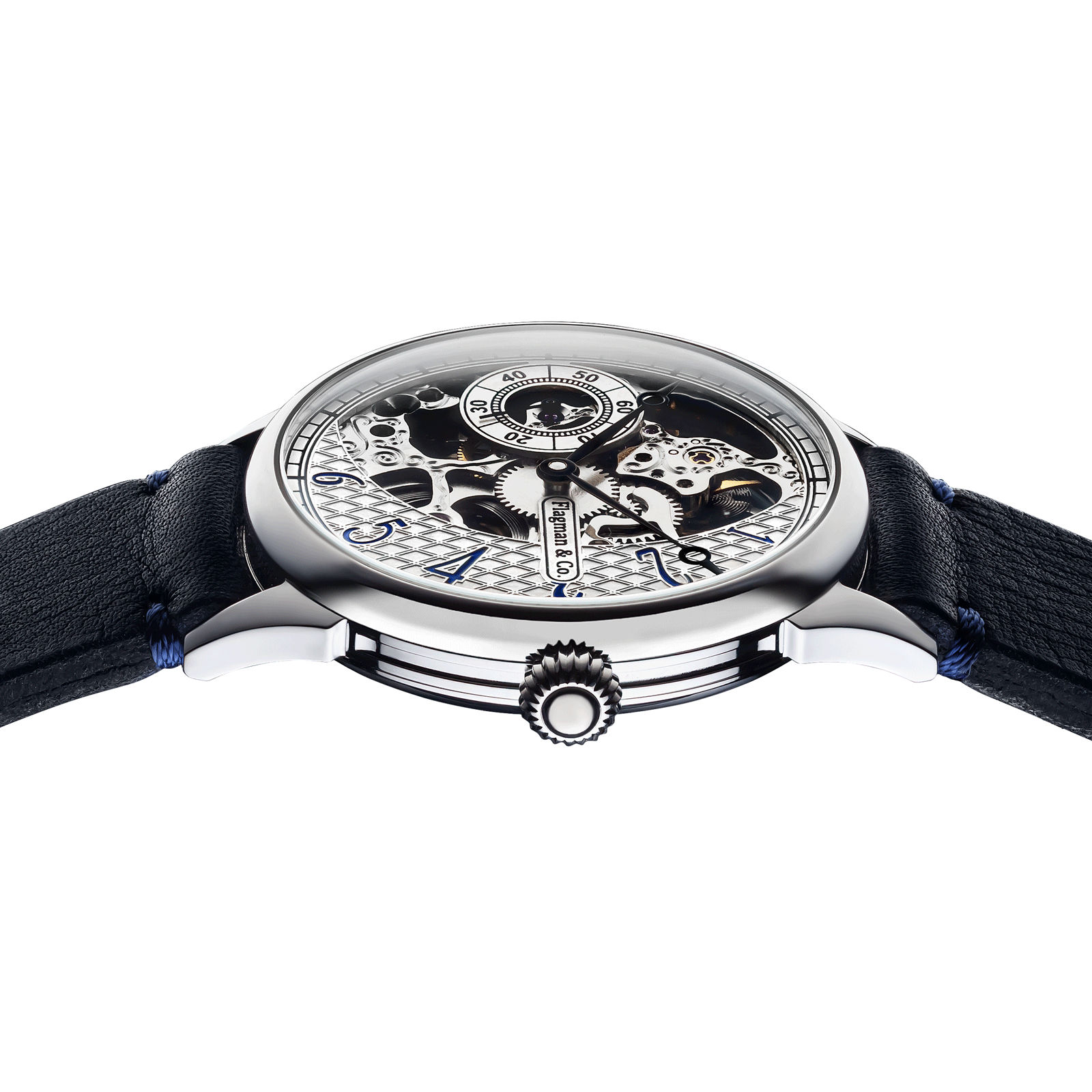 Close-up of Skeleton watch with side crown and detailed case finish