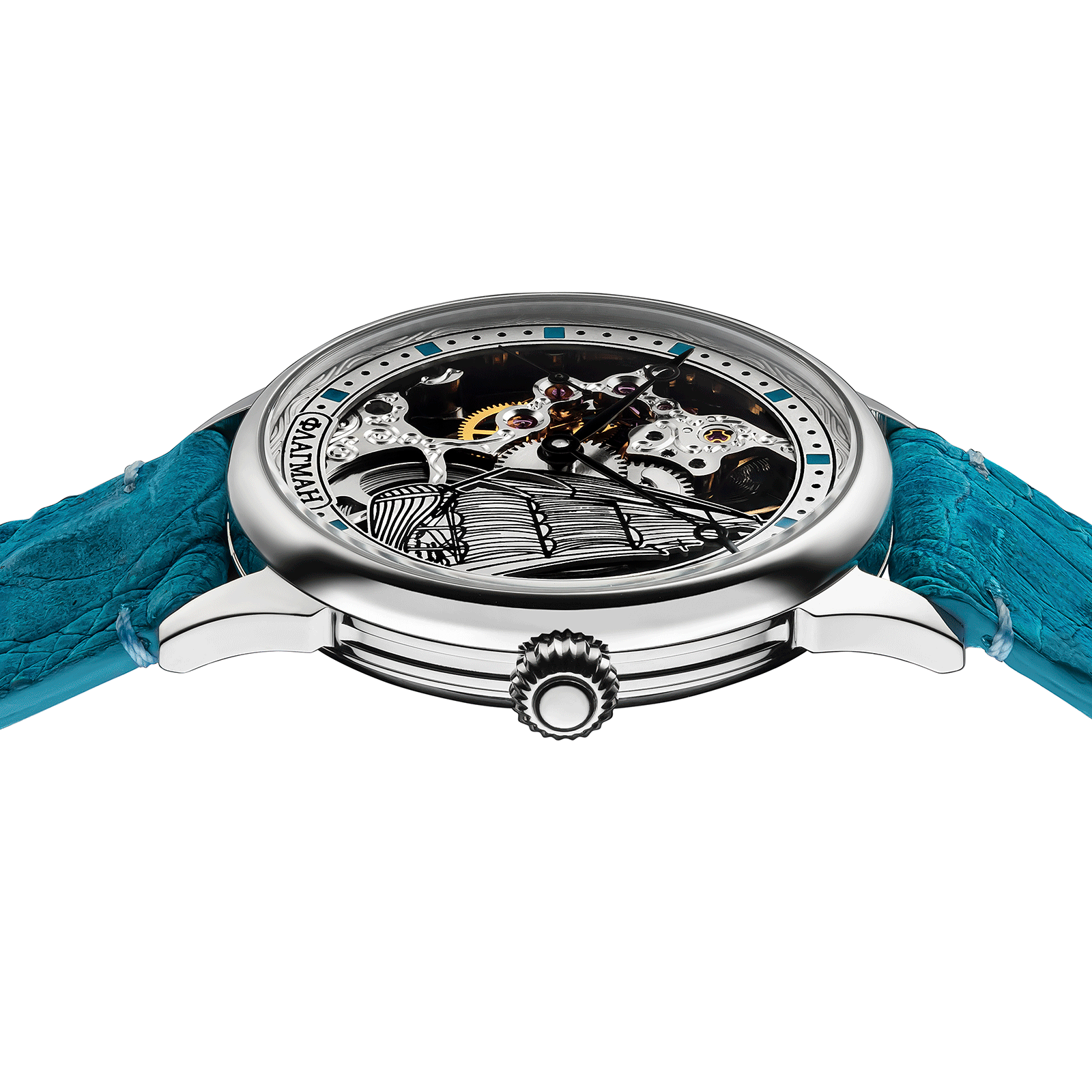 Close-up of Masterpiece watch with side crown and detailed case finish