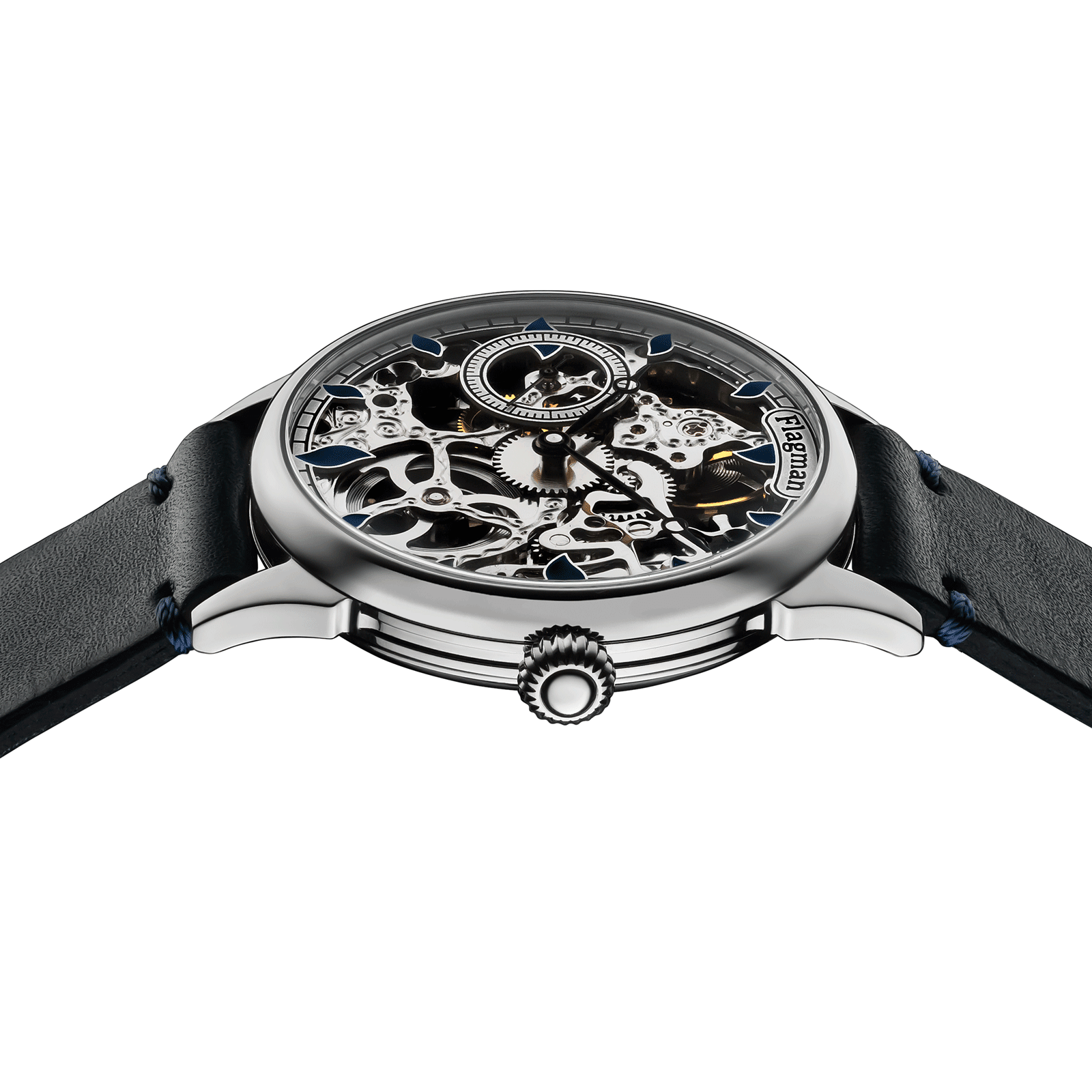 Close-up of Aether Drop watch with side crown and detailed case finish