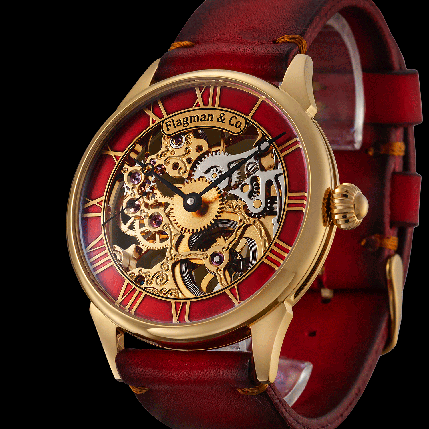 Skeleton Watch with red face and leather strap on a black background