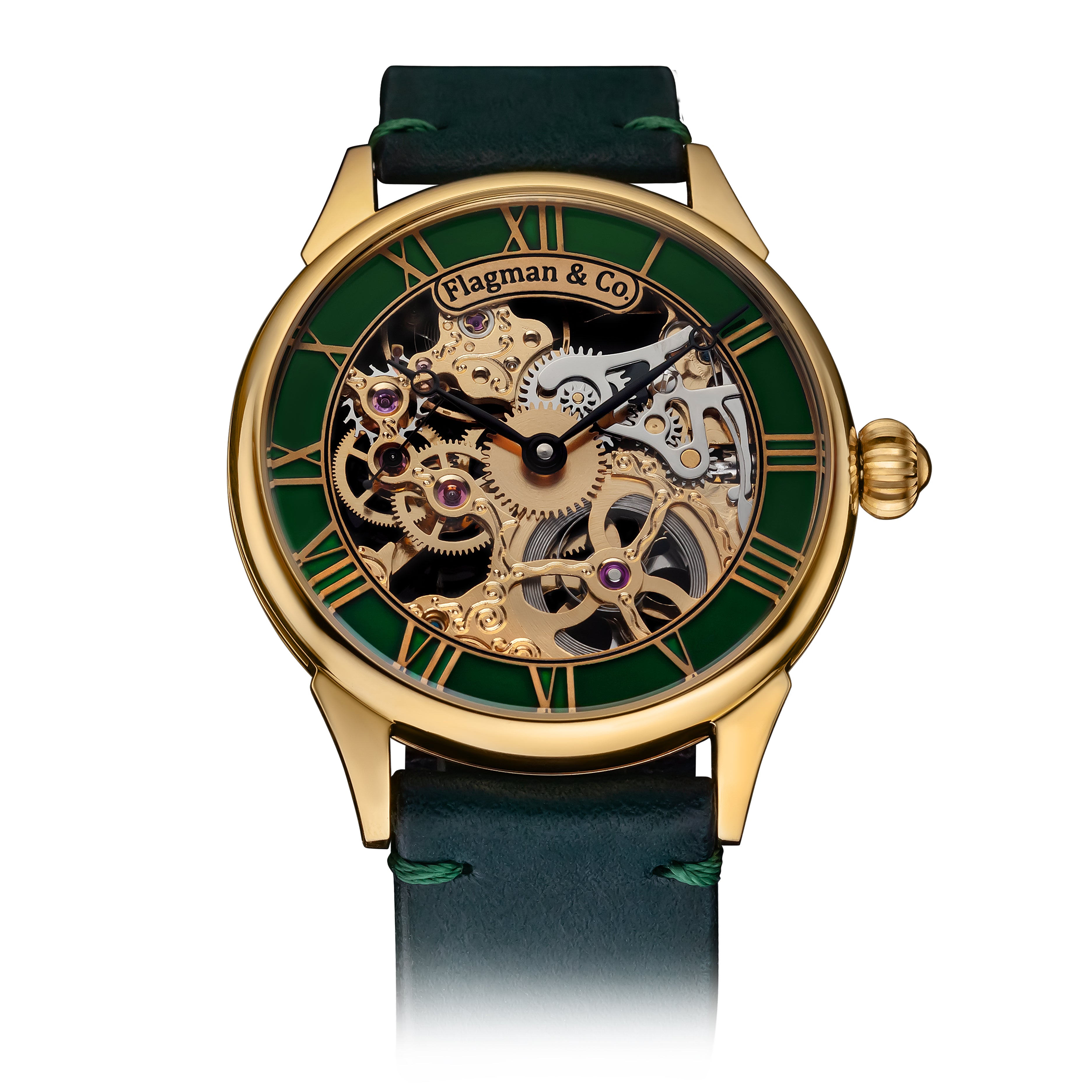 Emerald Rim watch with Green Leather Strap – Skeleton Watch #color_green