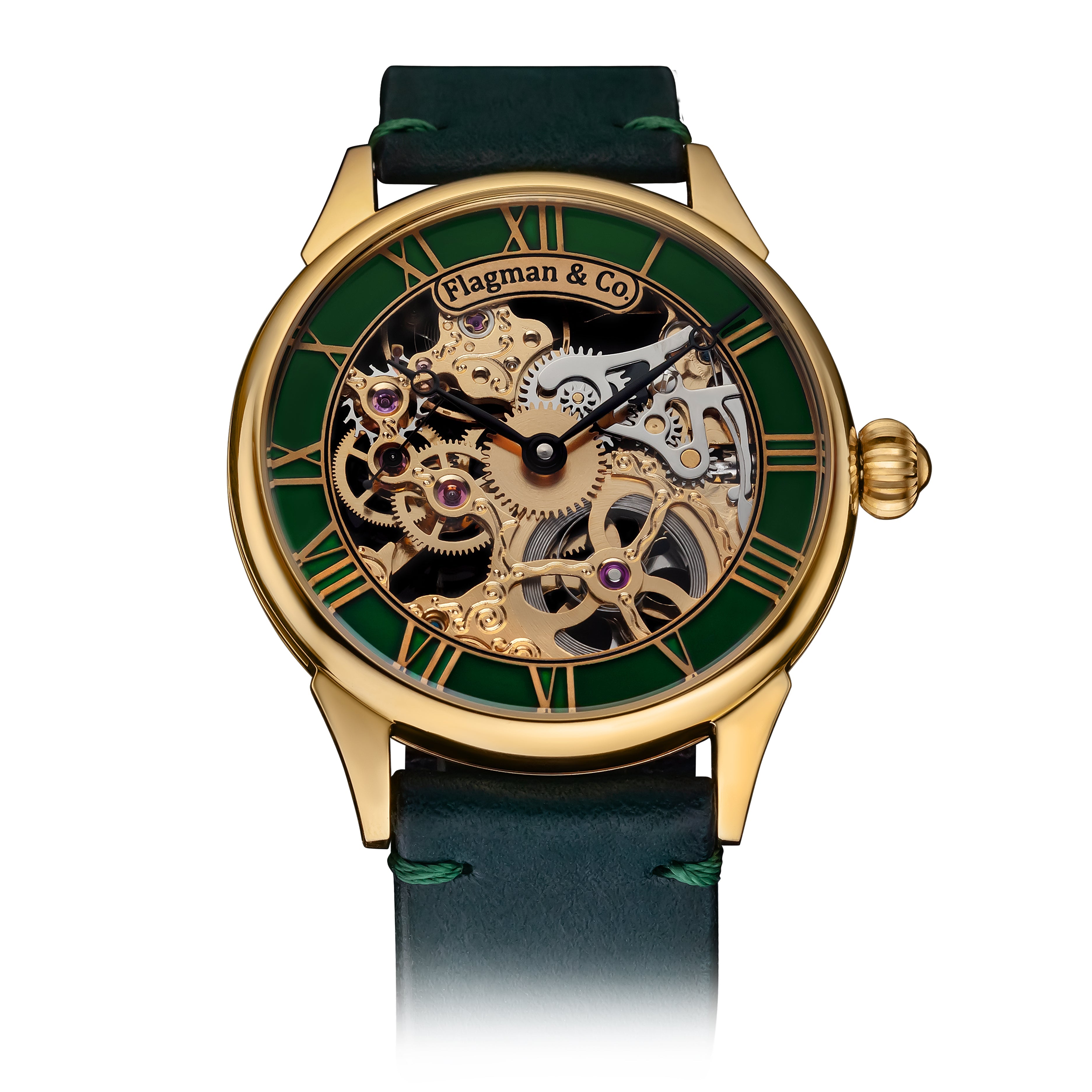 Emerald Rim watch with Green Leather Strap – Skeleton Watch #color_green
