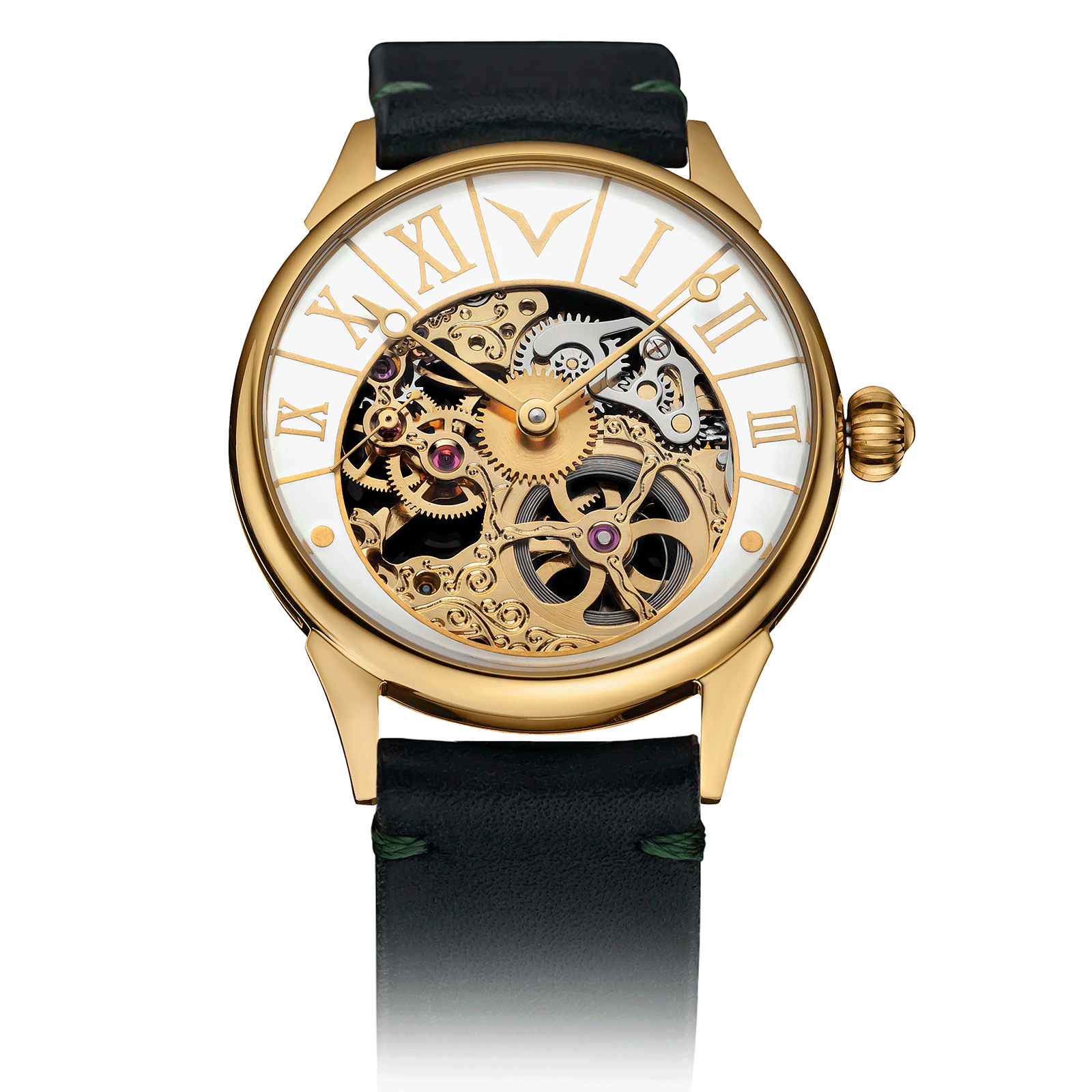 White Arc watch with Green Leather Strap – Mens Skeleton Watch #color_green