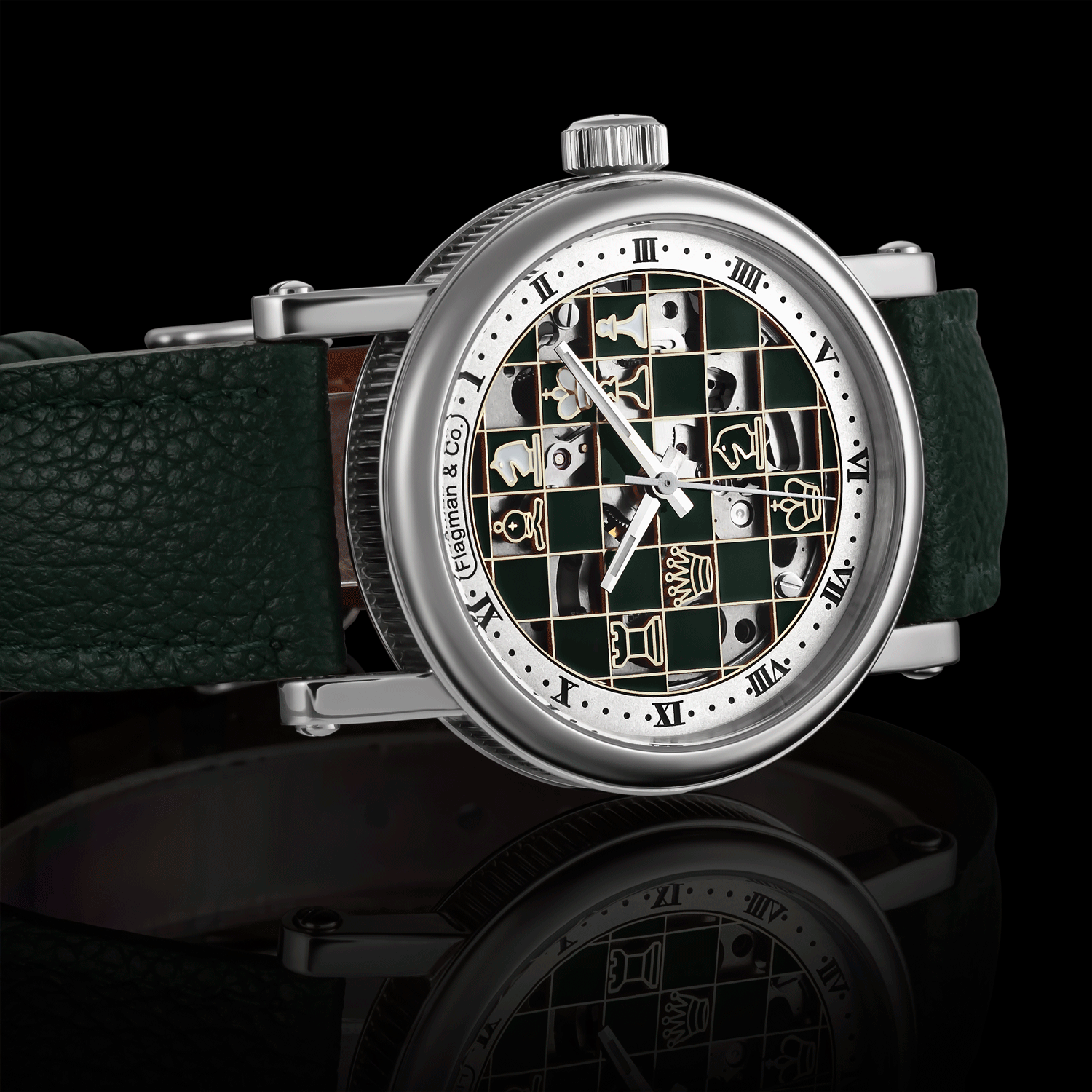 Skeleton Watch with green strap and unique face design on a black background