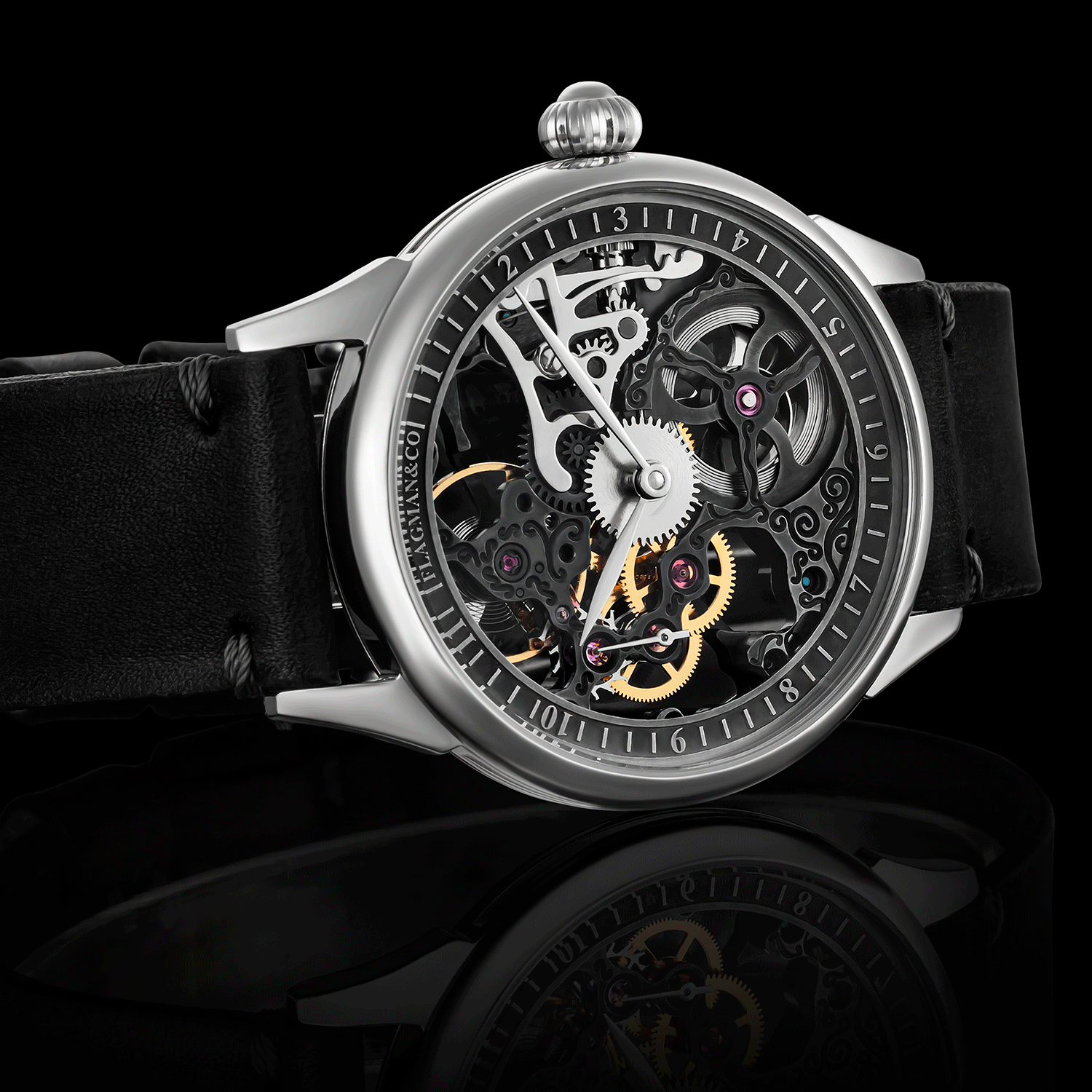 Front view detail of Graphite handmade skeleton watch