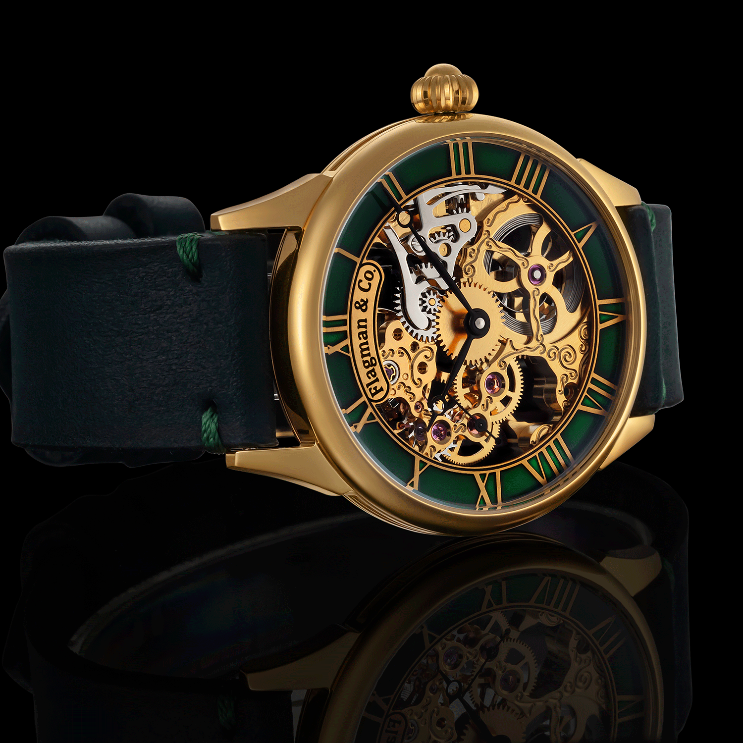 Handmade Skeleton wristwatch with green face and visible brand name on a green background