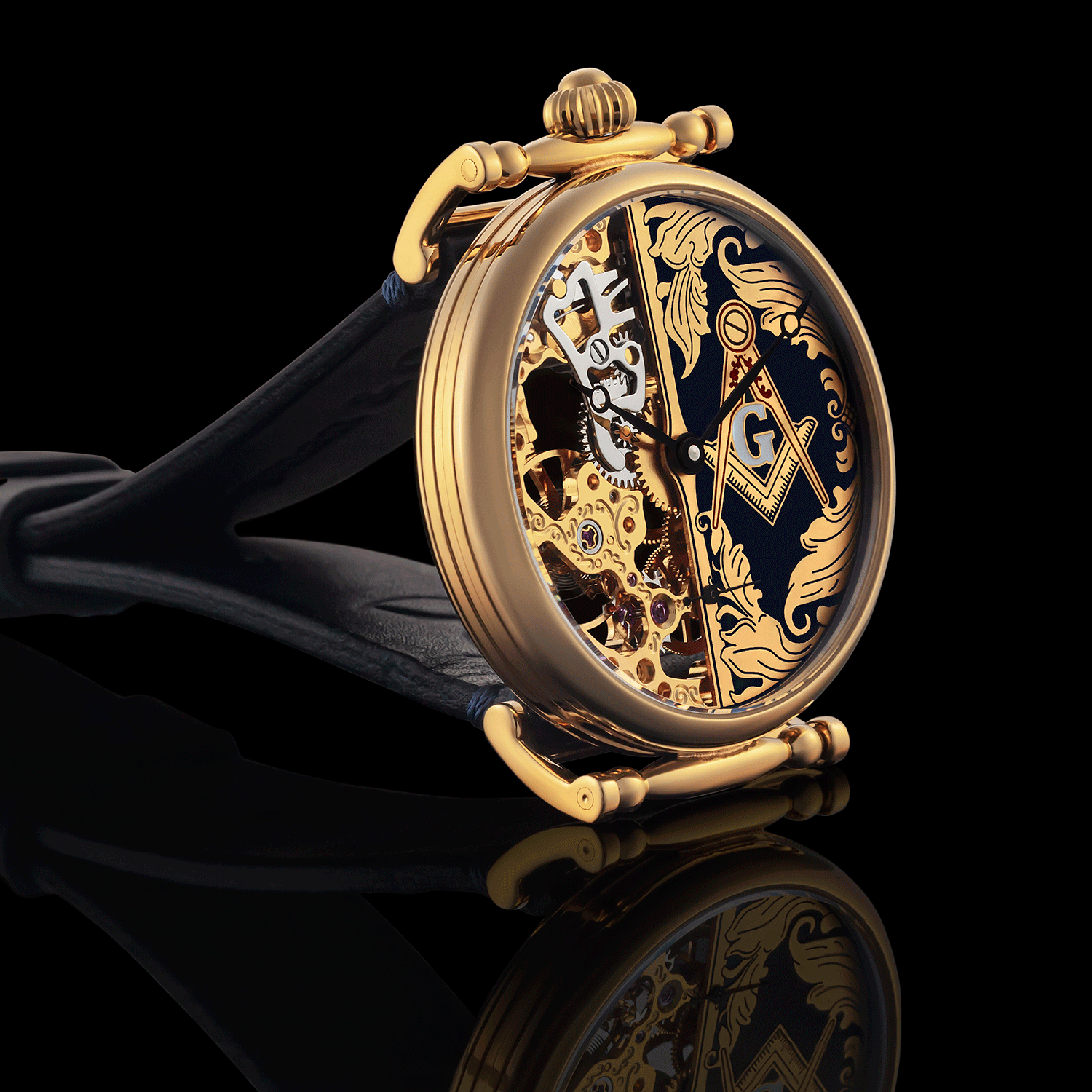 Front view detail of Masonic Half handmade skeleton watch