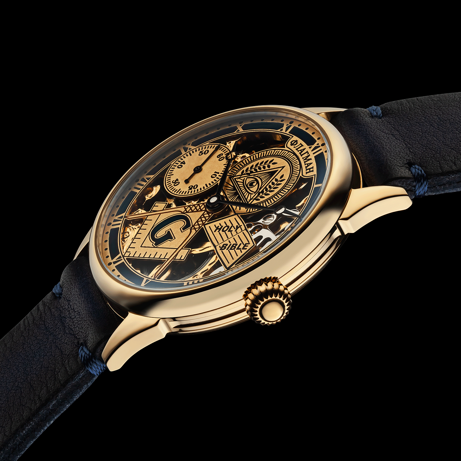 Front view detail of Bible handmade skeleton watch