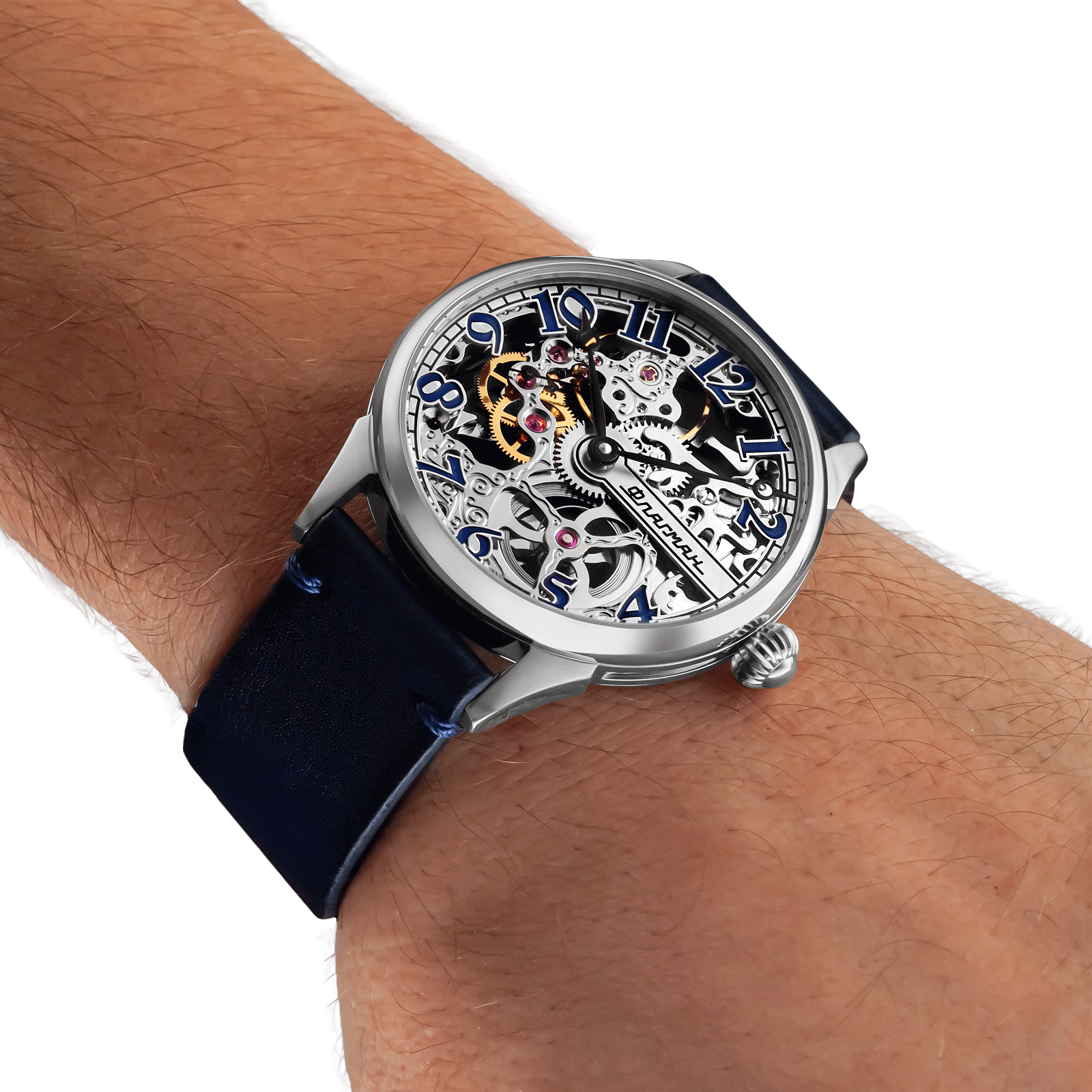 Skeleton watch worn on wrist