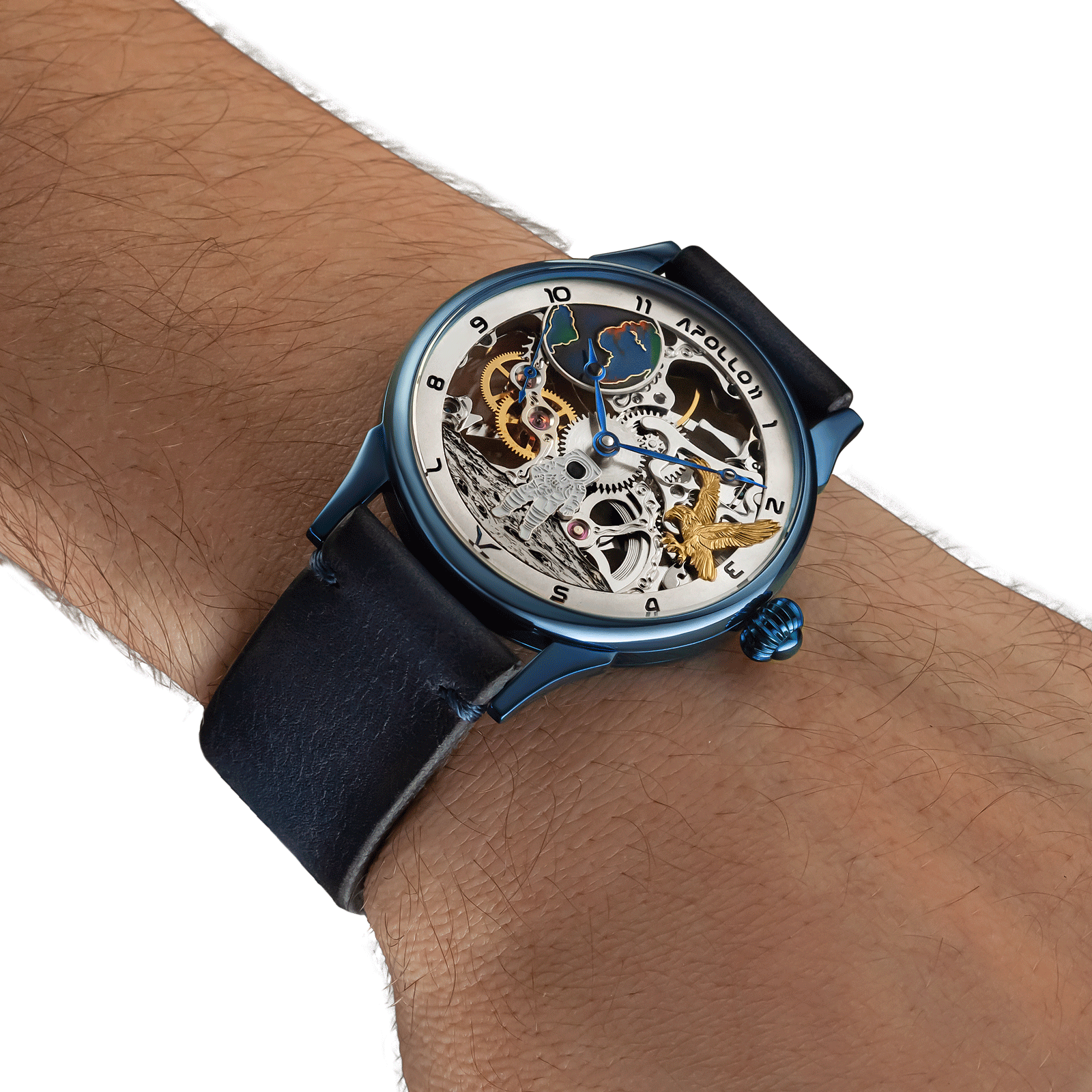 Skeleton handmade watch worn on wrist