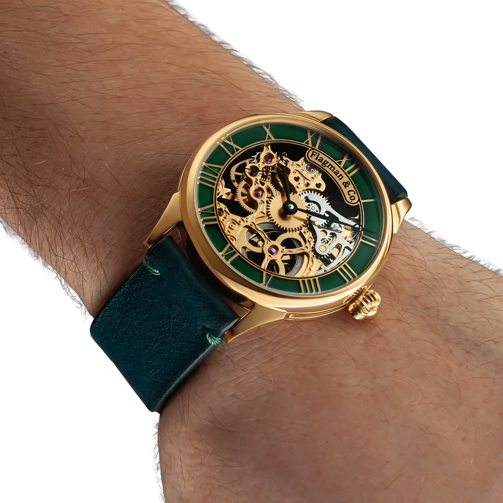 Skeleton handmade watch worn on wrist