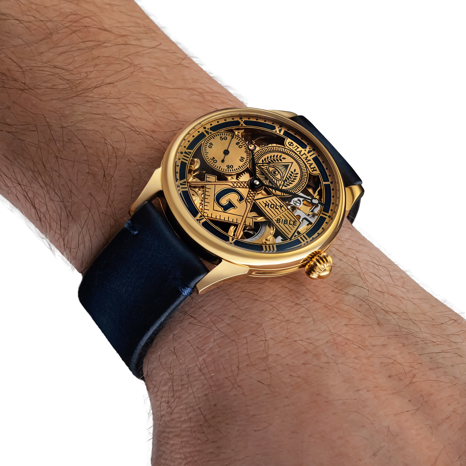 Skeleton masonic watch worn on wrist