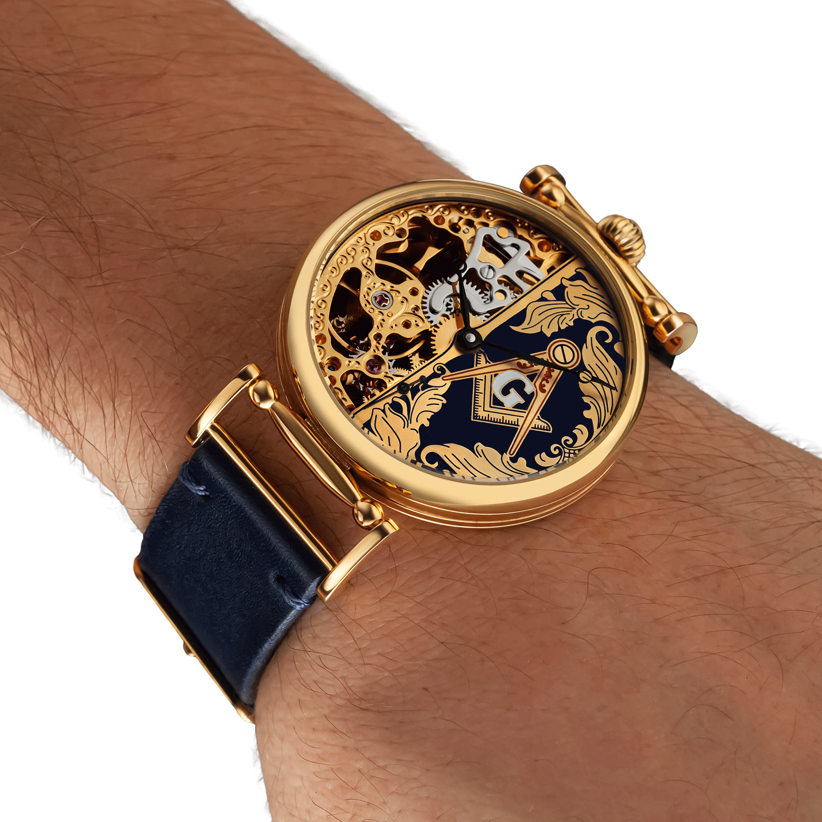 Skeleton masonic watch worn on wrist